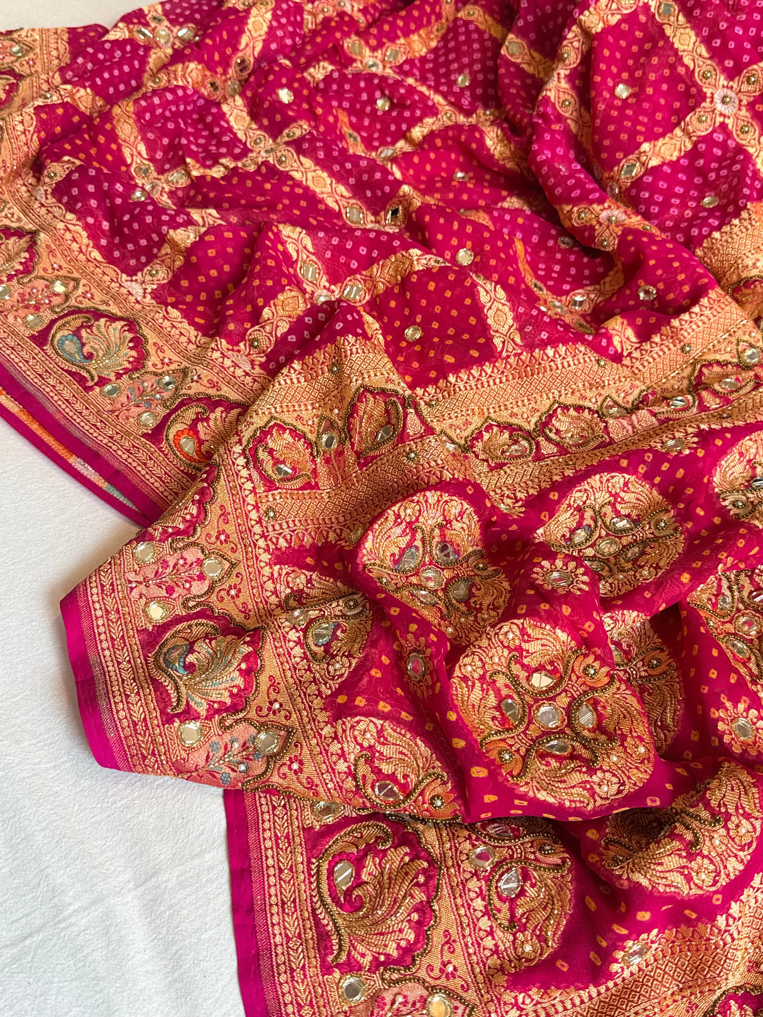 Banarasi chiffon gorgette rai bandhej kadhwa weaving hand embroidered saree