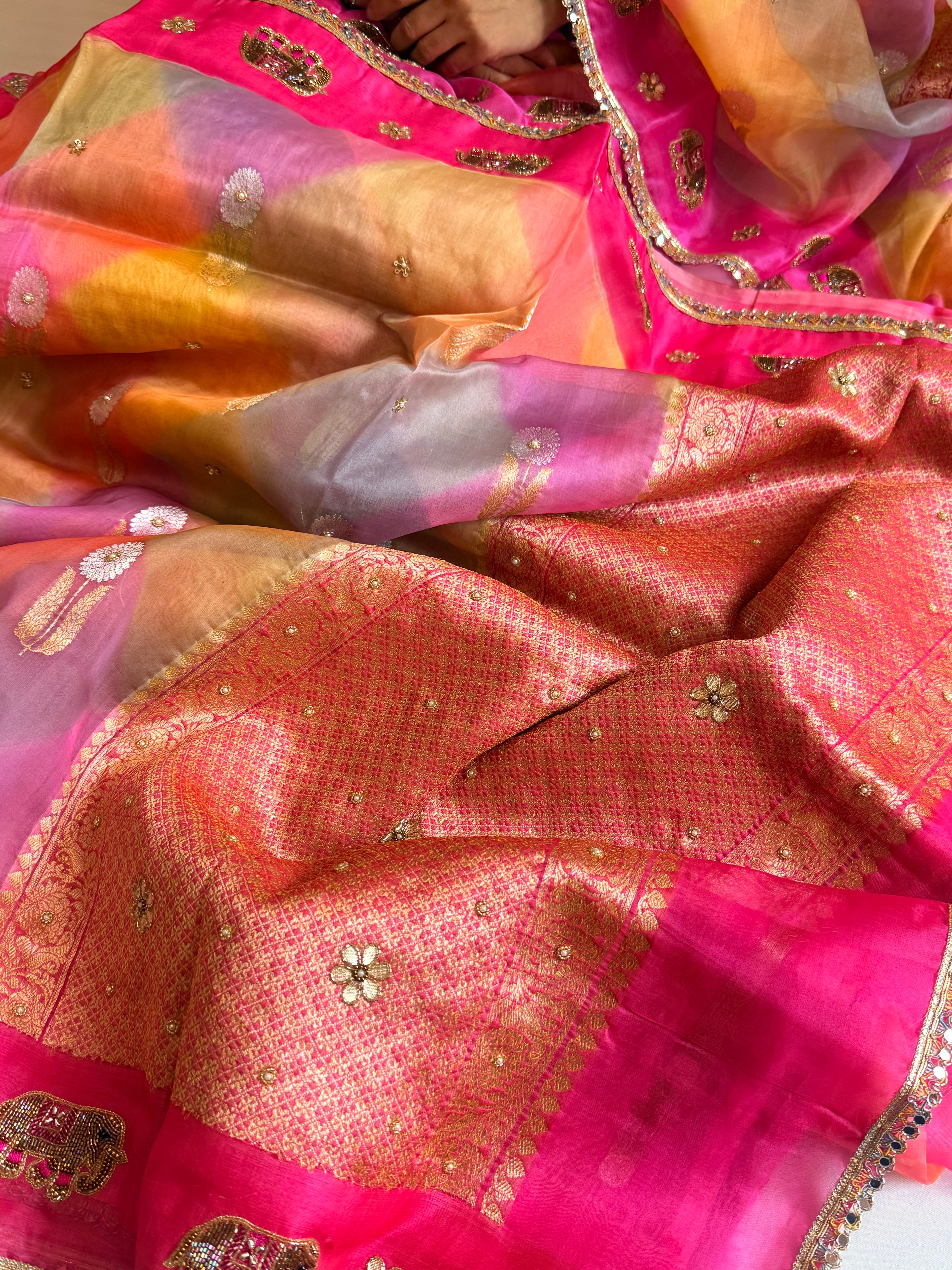 Gulab ka ras - Kora silk rangkaat weaving hand embroidered zubieda inspired saree