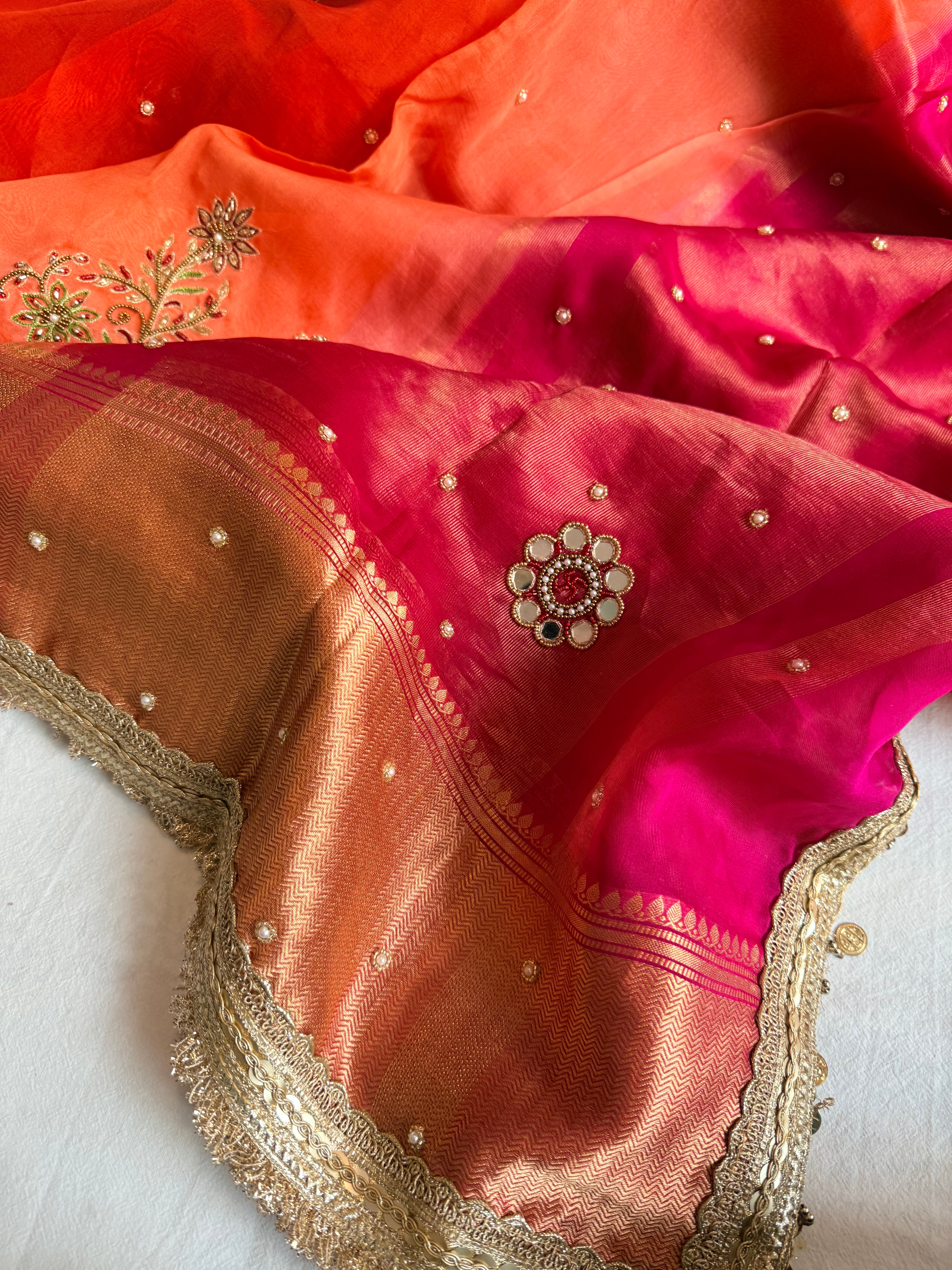 Husn ganga jamuna contrast border kora silk hand embroidered saree