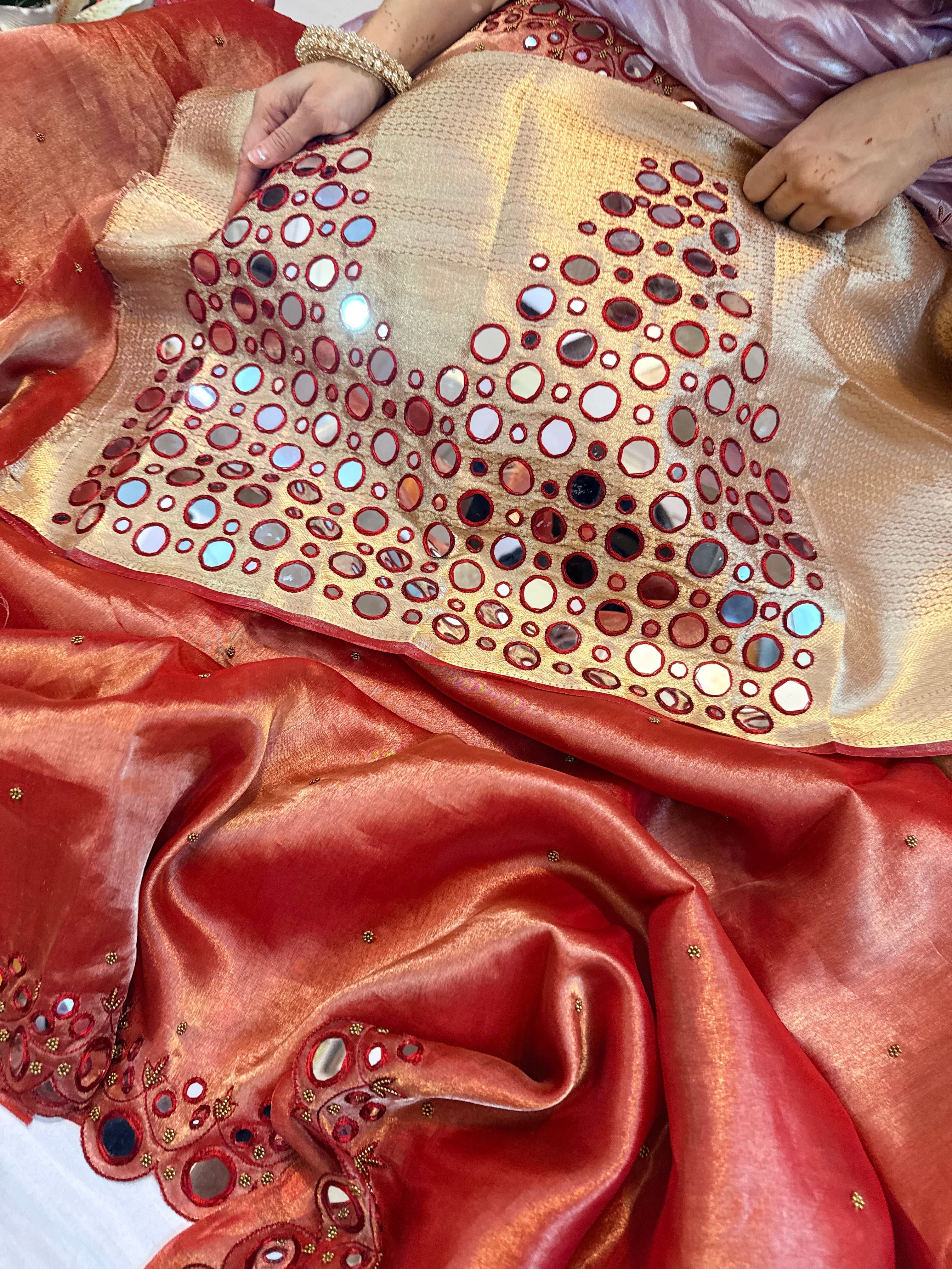 Sheeshe wali hot red tissue silk mirrorwork hand embroidered banarasi saree