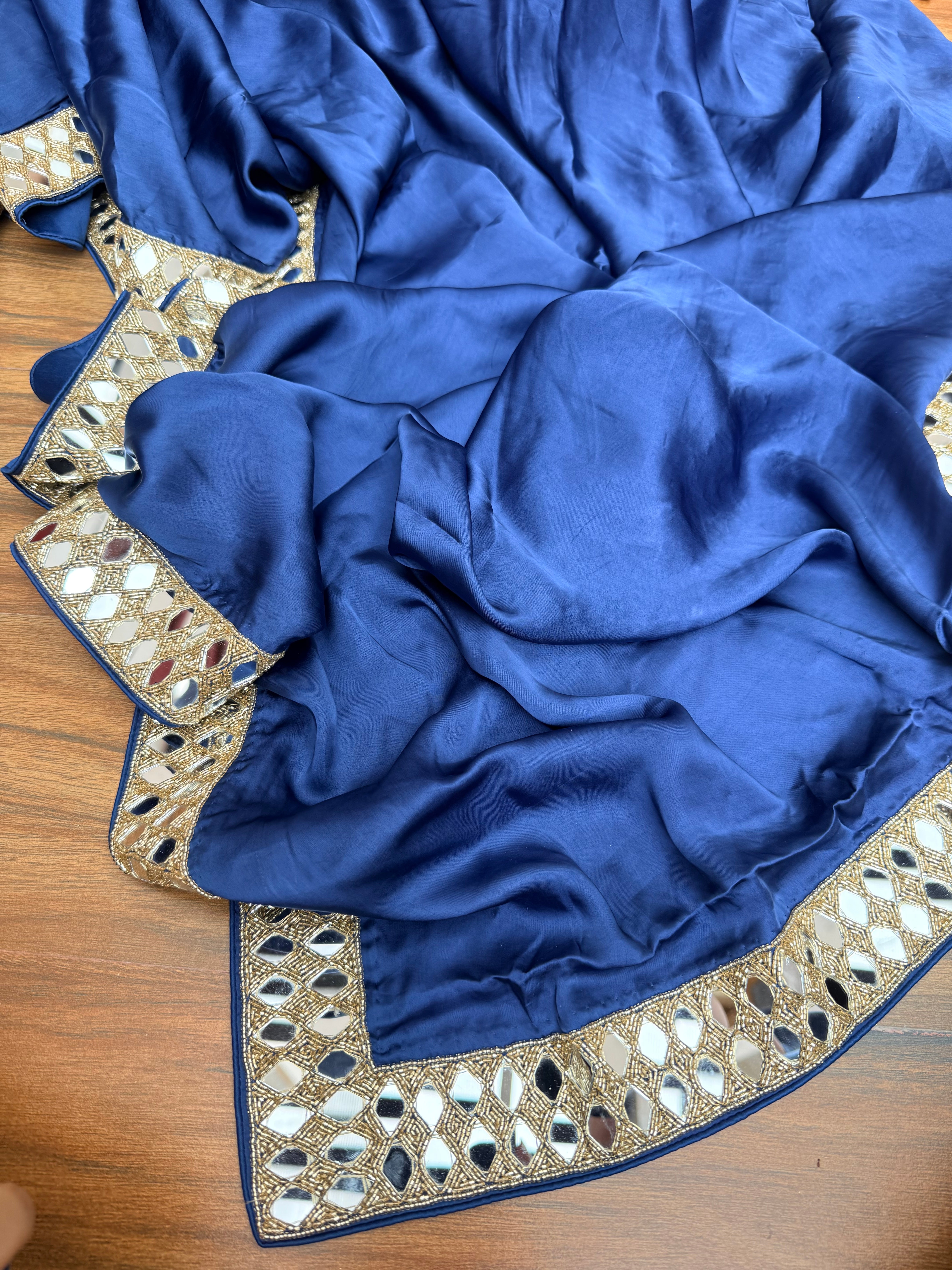Tyohaar edit - Navy blue mashru satin silk mirrorwork kadhwa saree