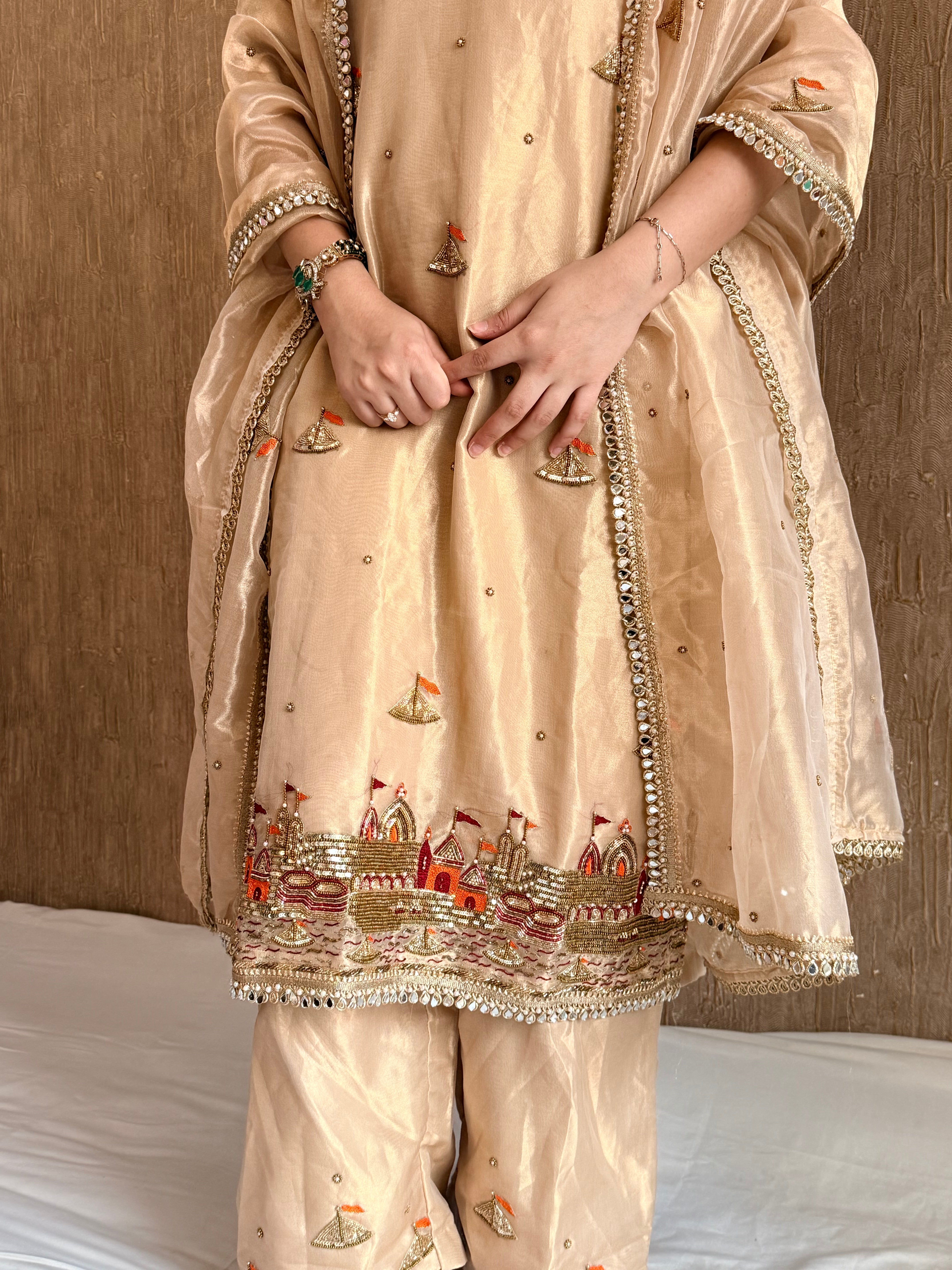 Gangaghat molten gold tissue silk hand embroidered suit set (STITCHED - S TO L )