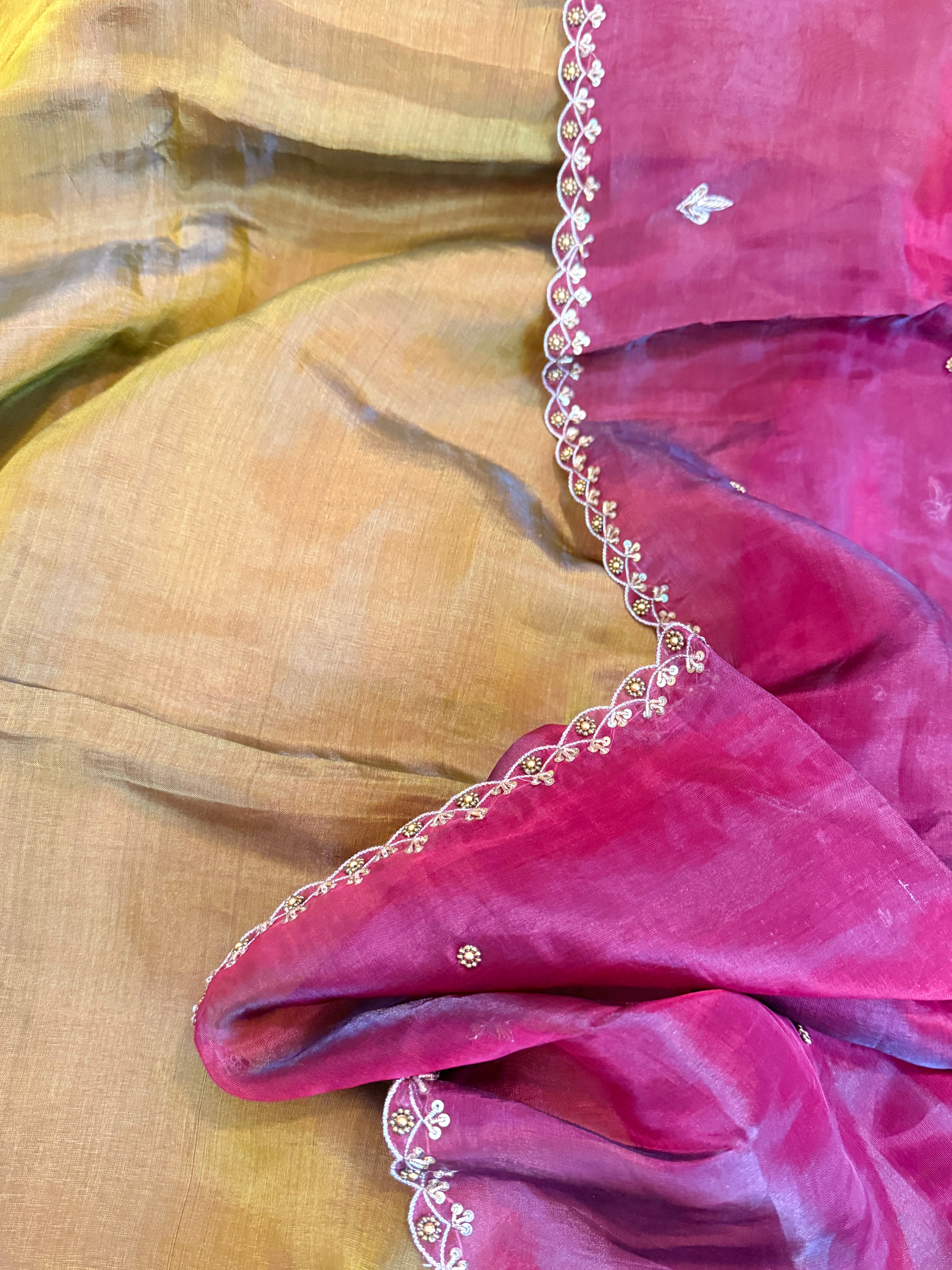 Olive gold-plum kora silk gotapatti hand embroidered suit set