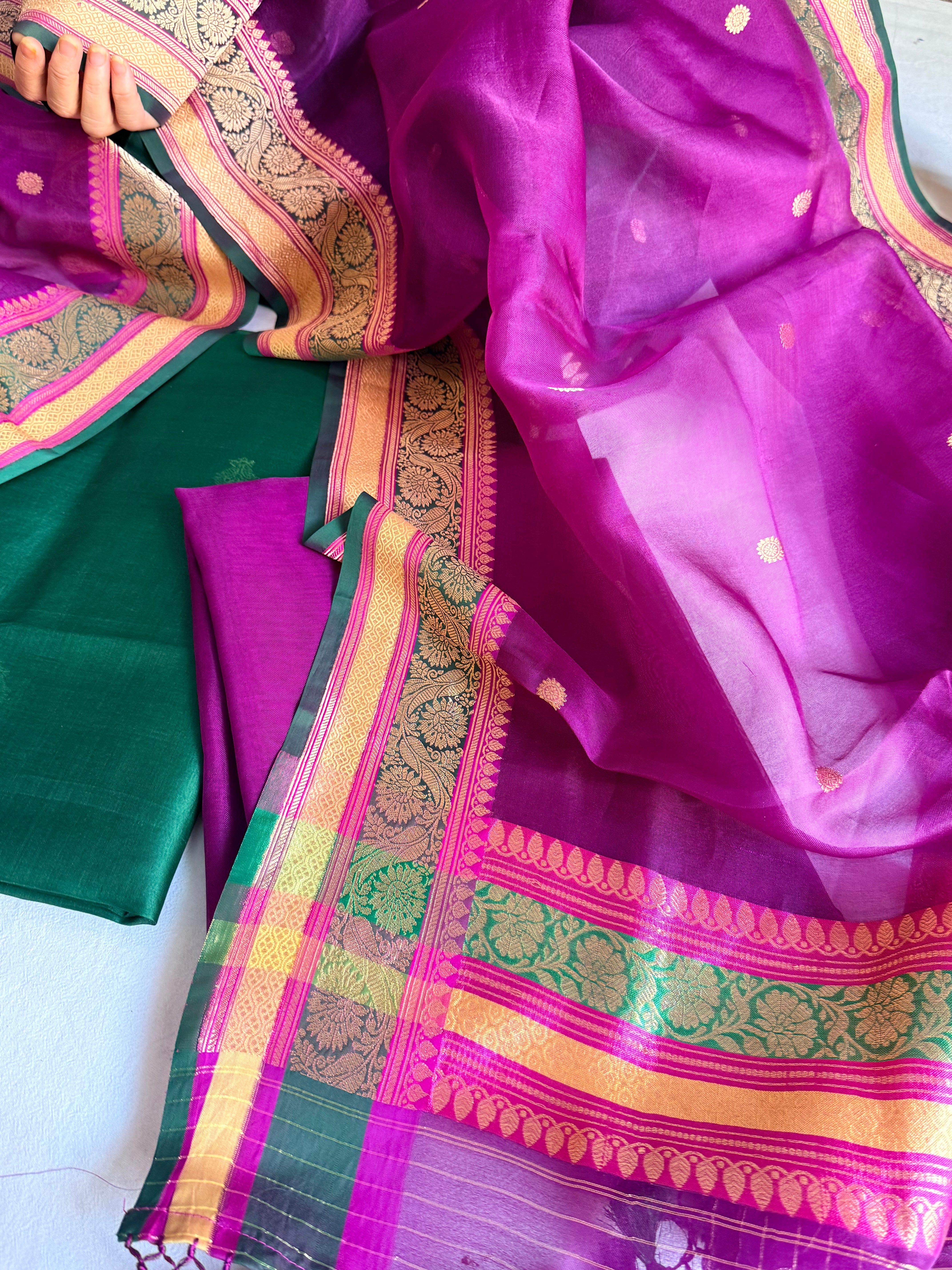 Banarasi purple-bottle green banarasi meenkari kadhwa border chap dye suits