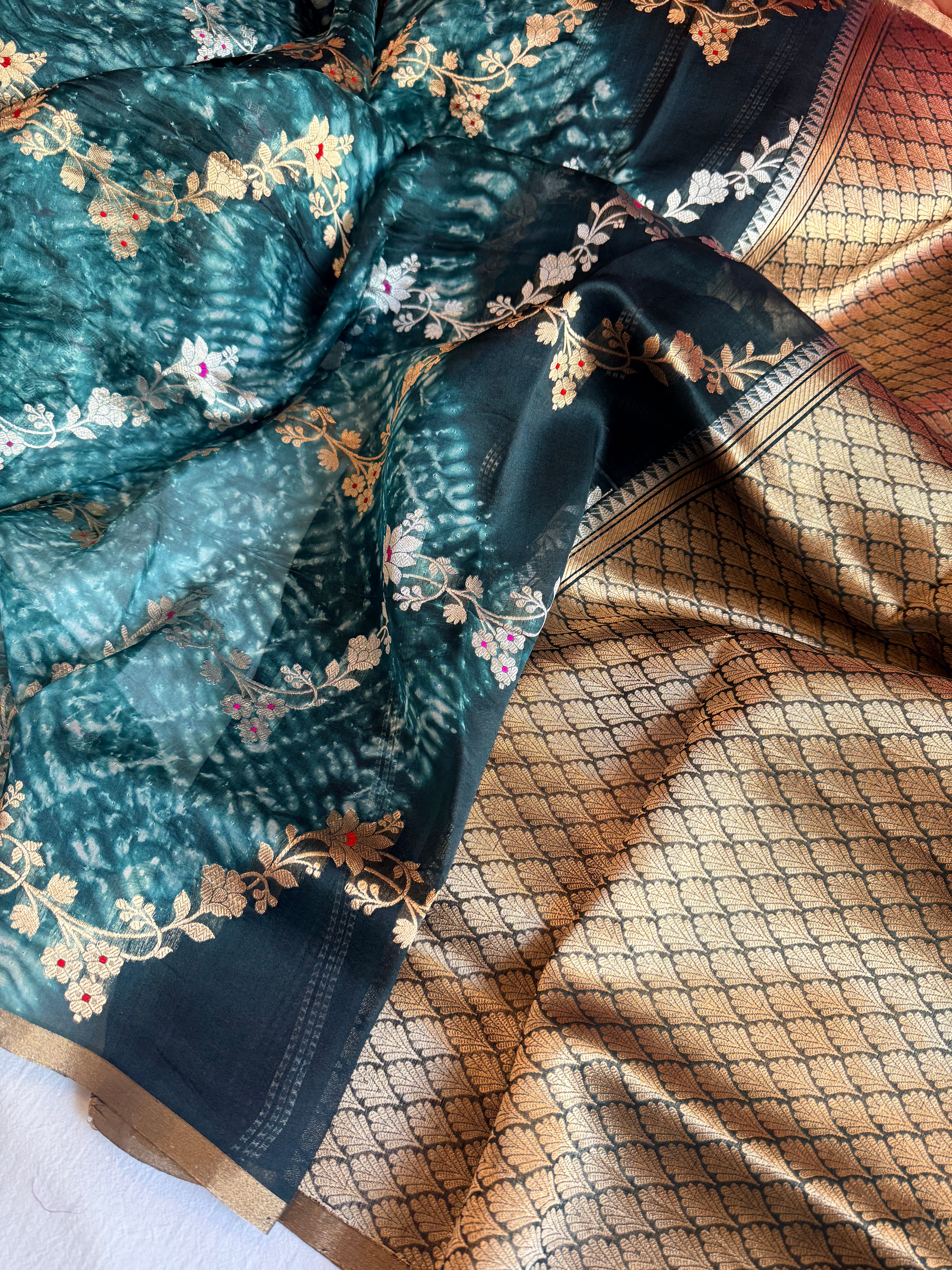 Shibori edit - Banarasi kora silk kadhwa buti shibori hand dyed saree