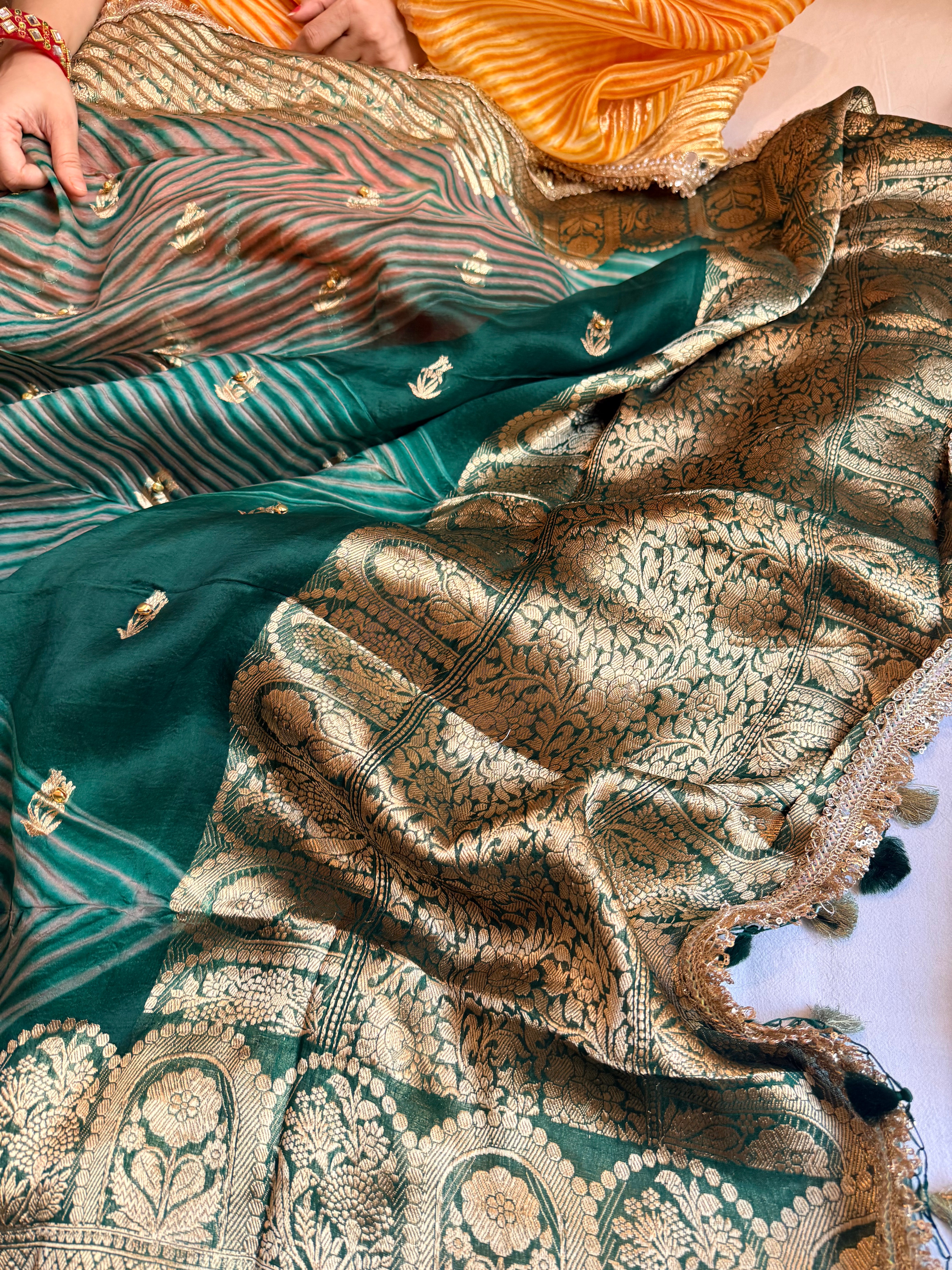Bottle green banarasi kora silk arshi dyed kadhwa saree