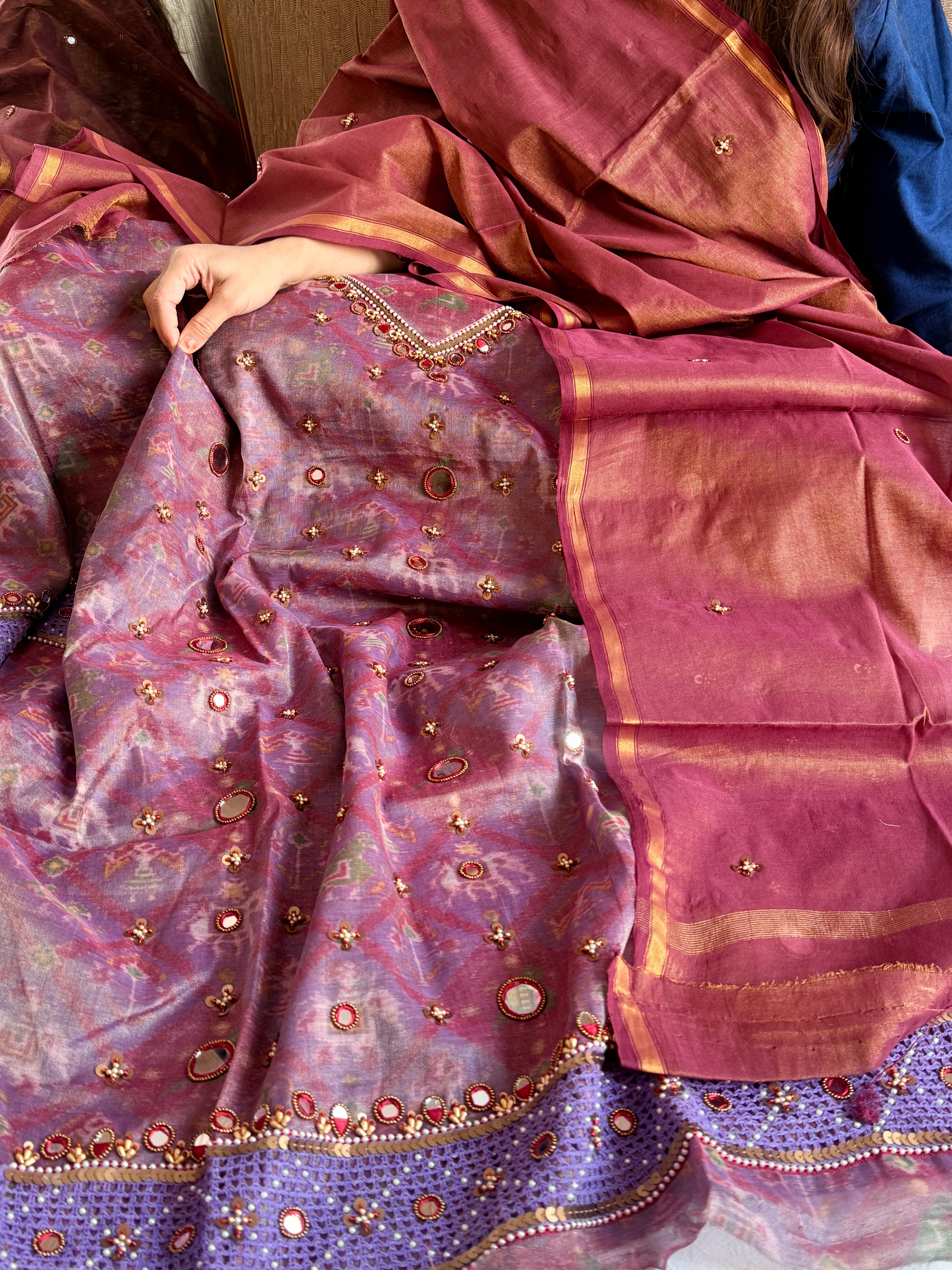 Patola weaving hand embroidered mul cotton tissue suit sets