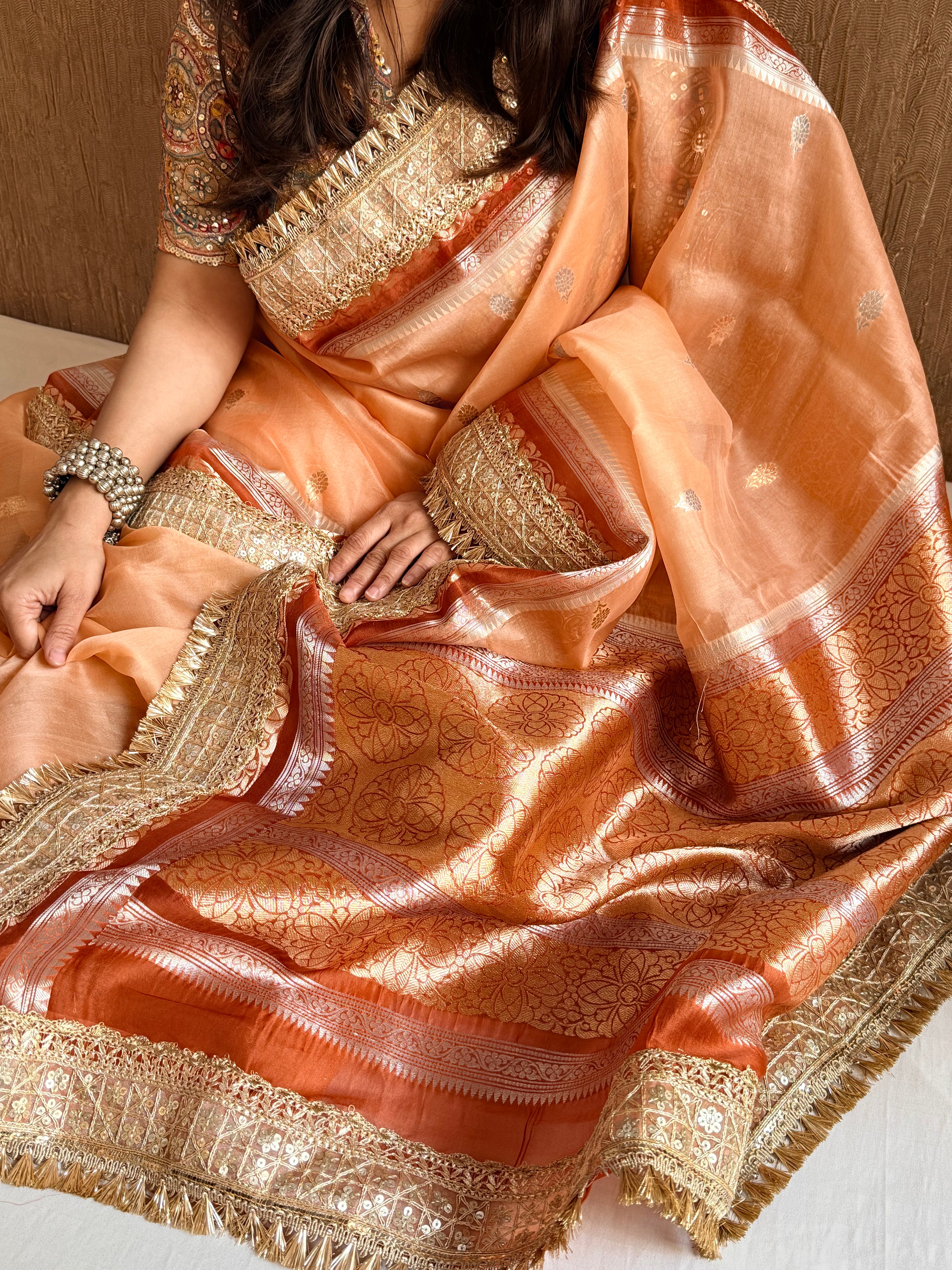Leela banarasi kora silk peach-red combination saree