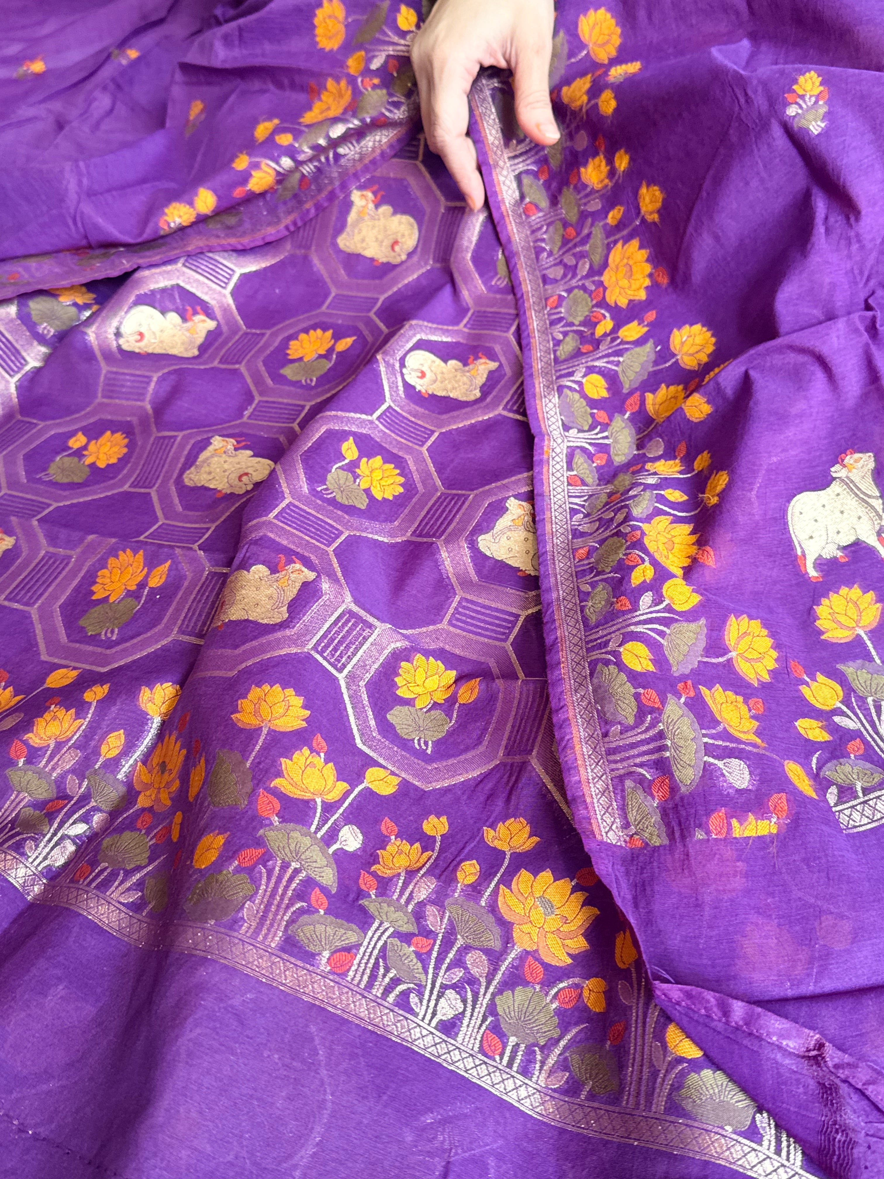 Mul cotton banarasi meenakari nandu motif suit sets