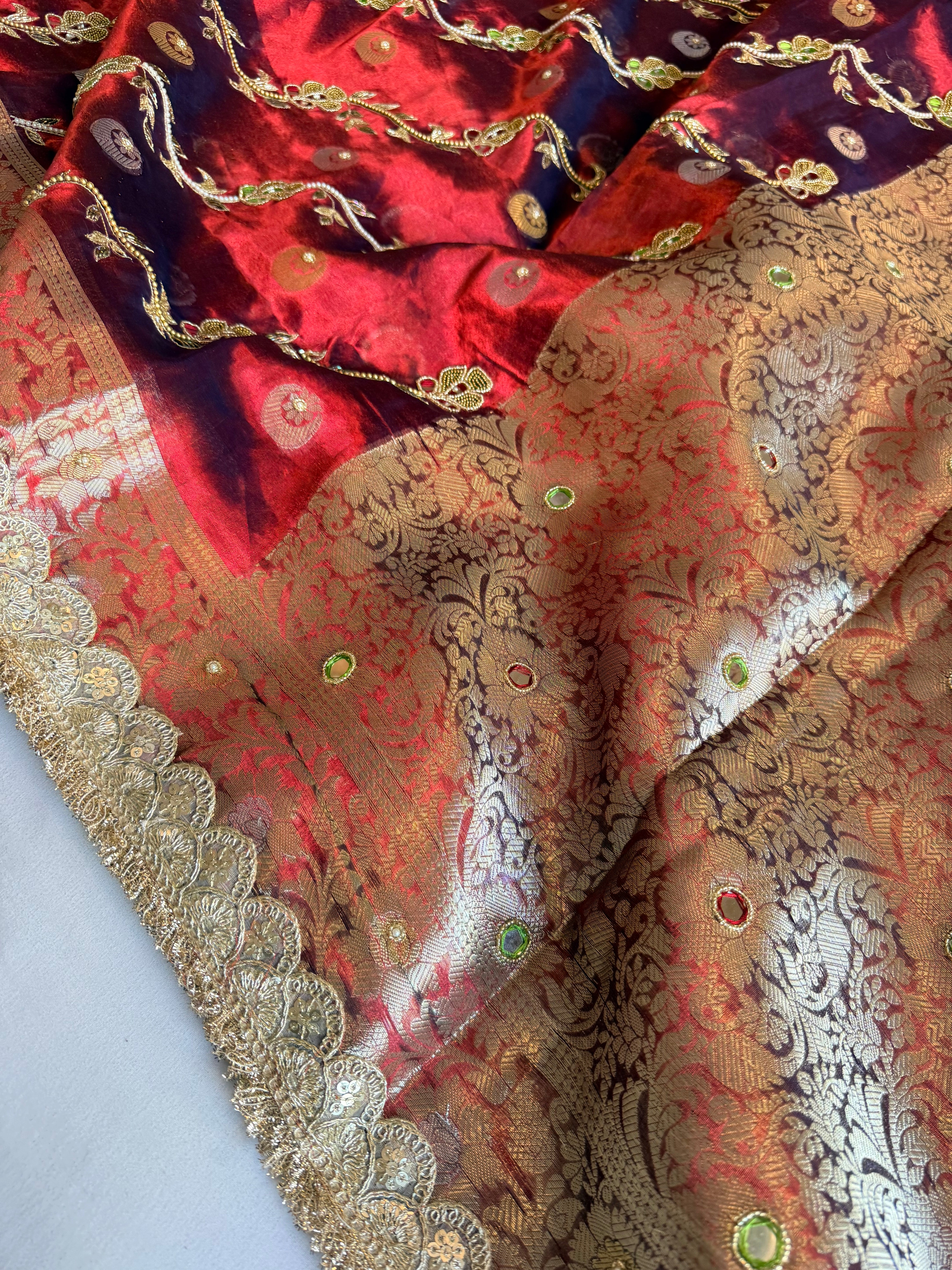 Maharani chand buta kadhwa tissue silk hand embroidered saree duppata set