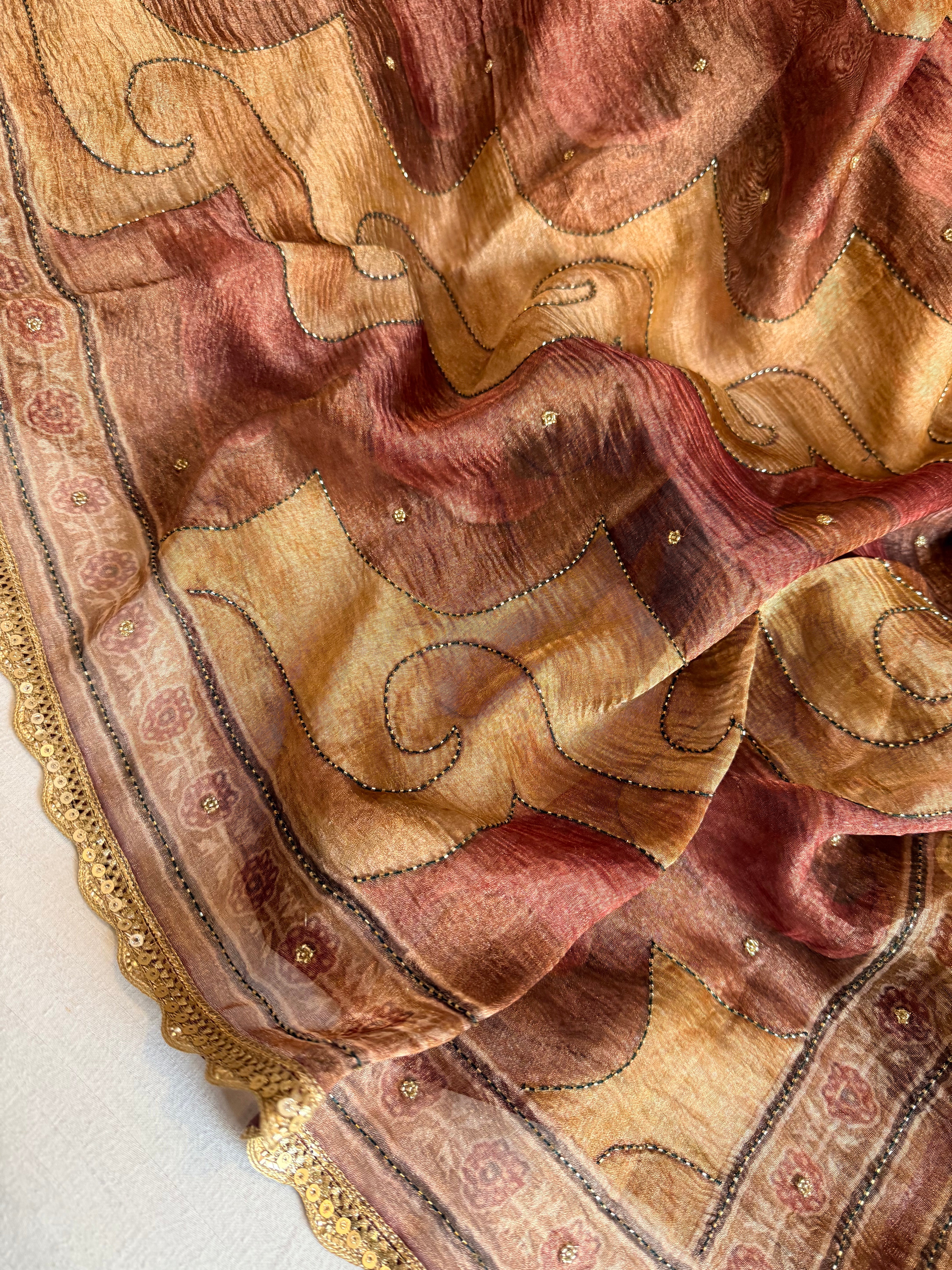 Printed tissue silk hand embroidered kadhwa gotapatti saree
