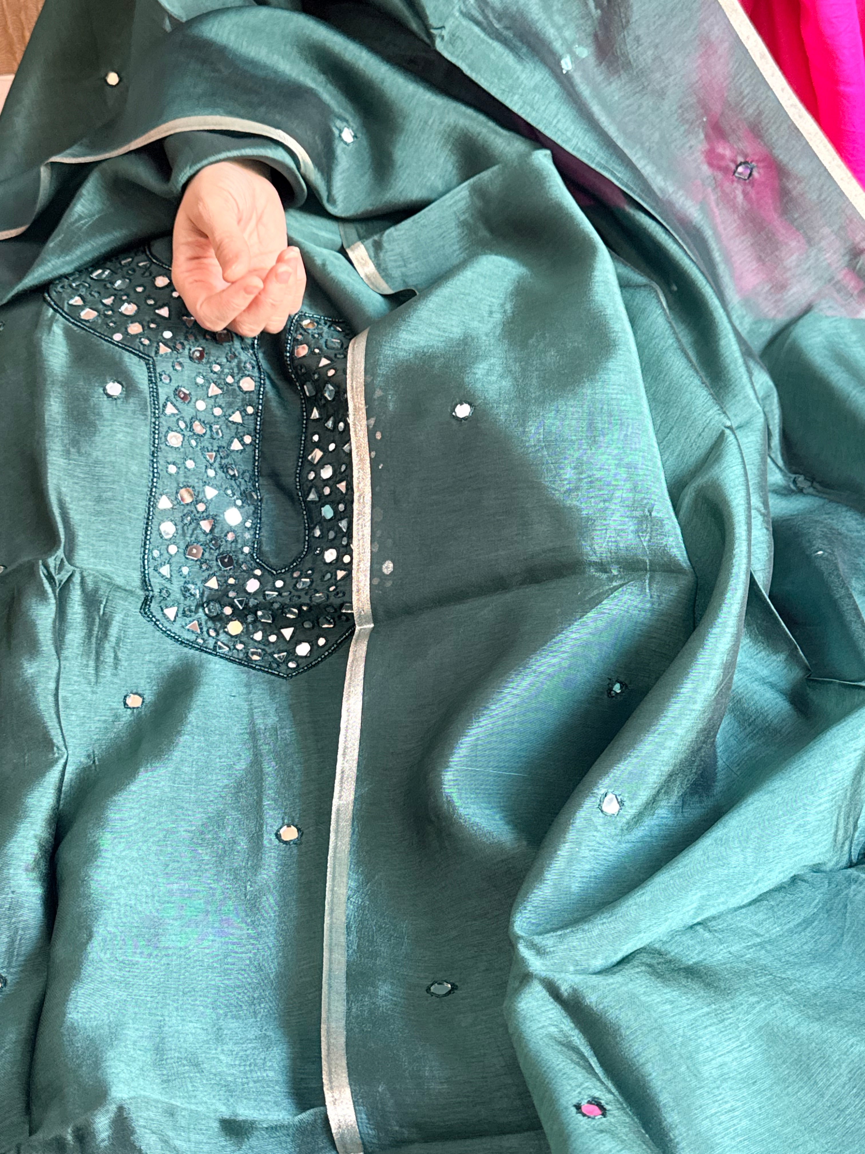 Spun chiniya silk mirror work hand embroidered banarasi suit set