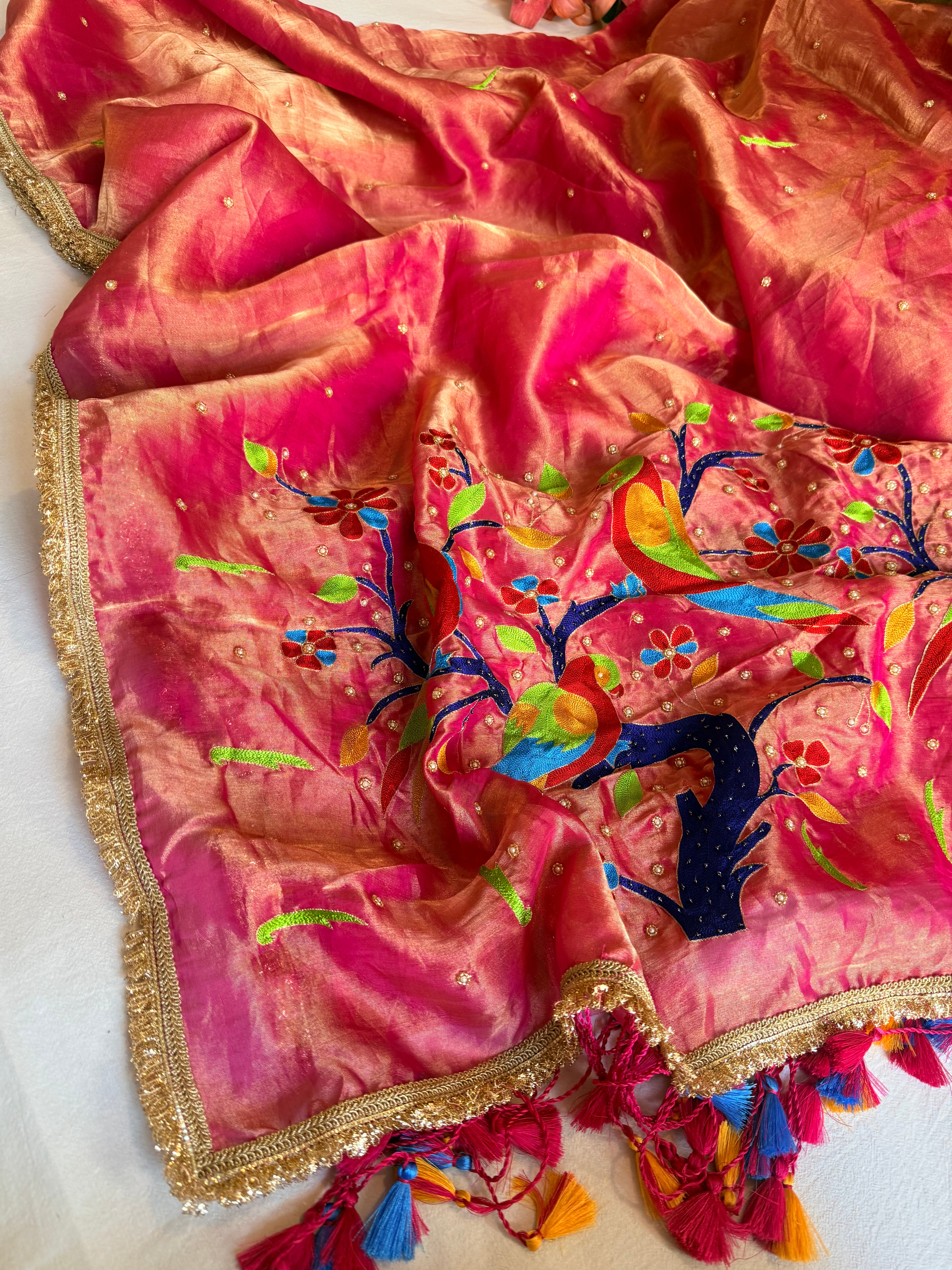 Barbie pink tissue silk paithani weaving hand embroidered kadhwa saree