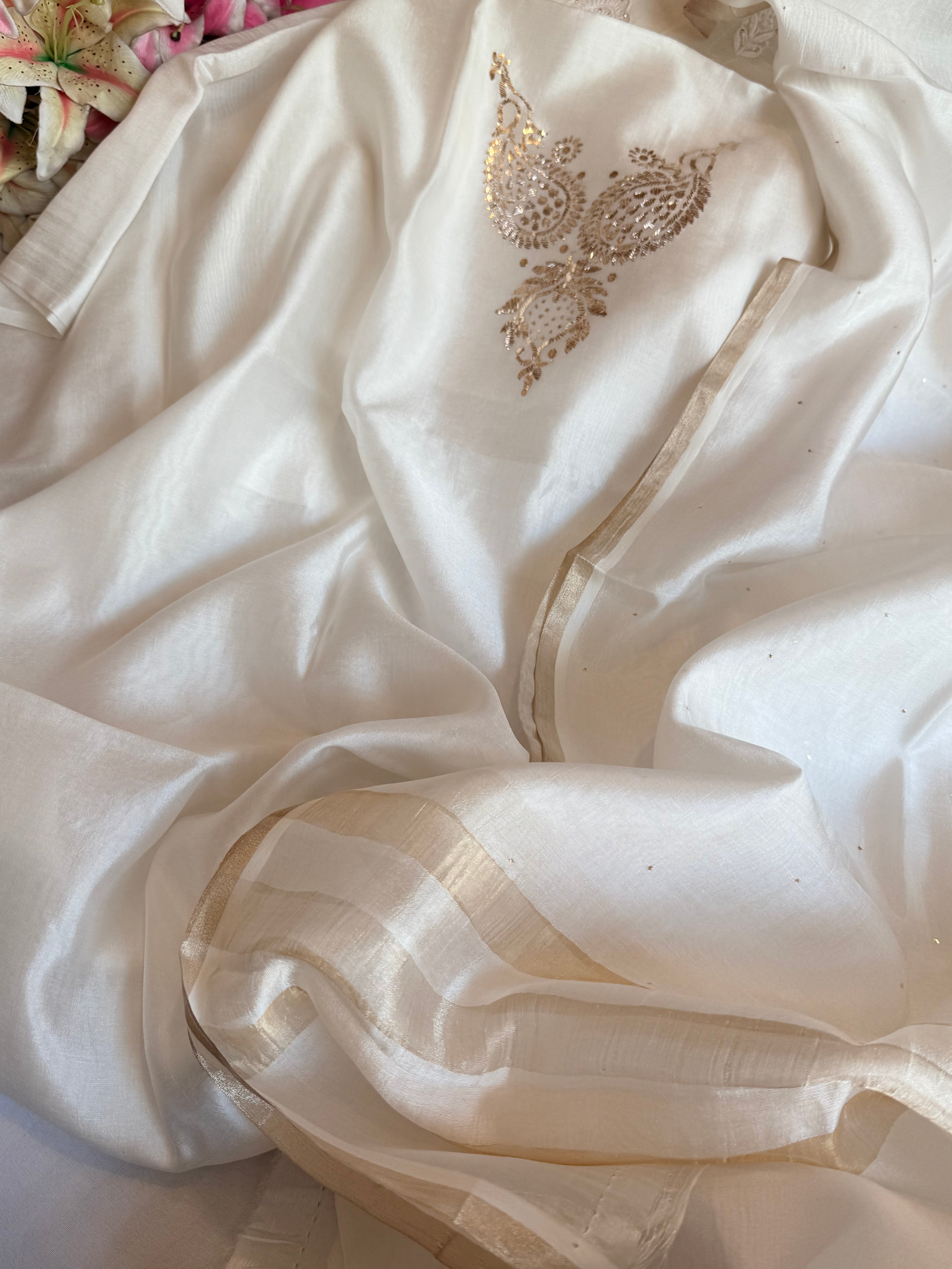 Pearl white spun chiniya silk mukaish hand embroidered suit sets