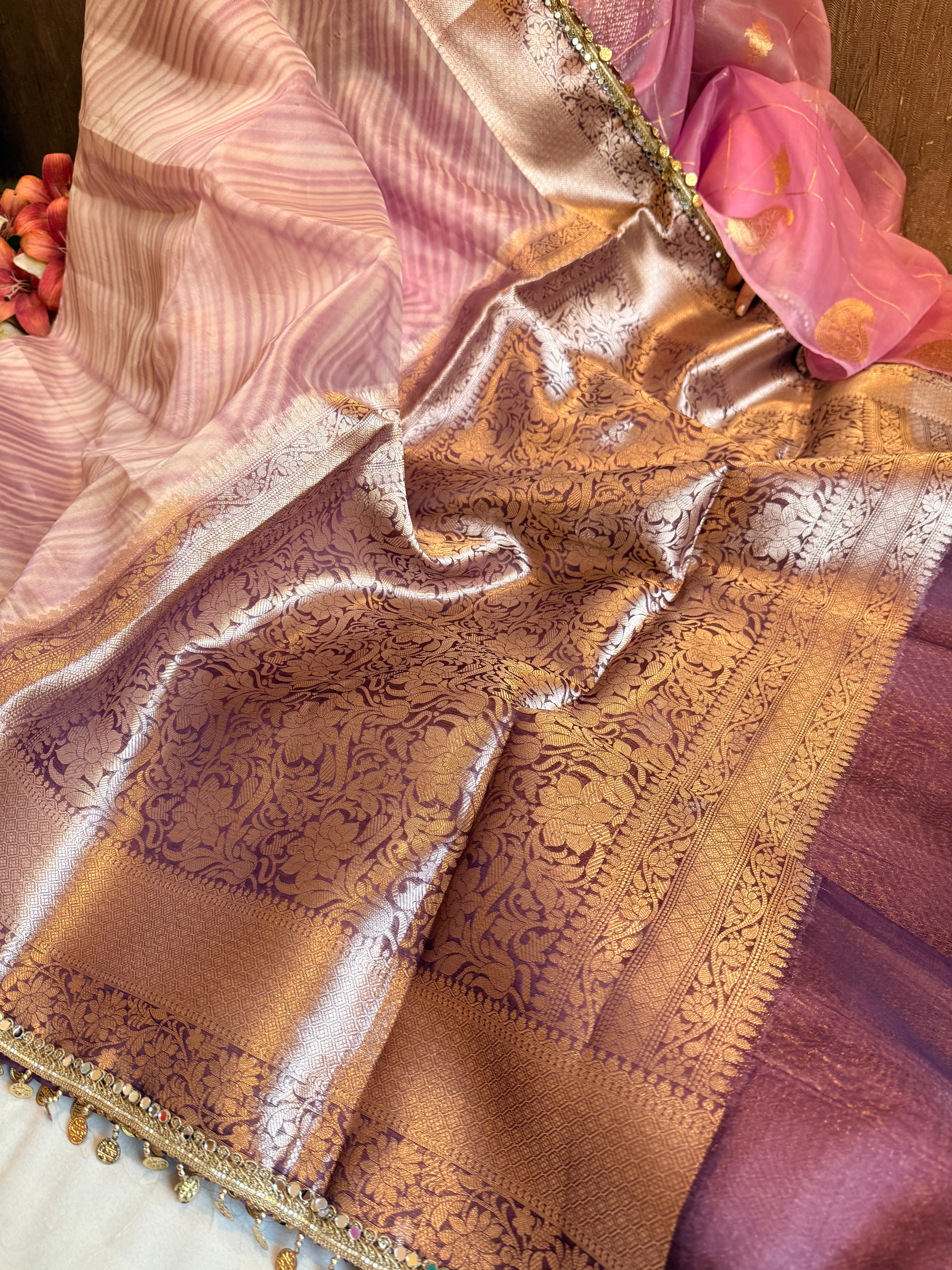 Rainbow dyed kora silk kadhwa border handloom saree