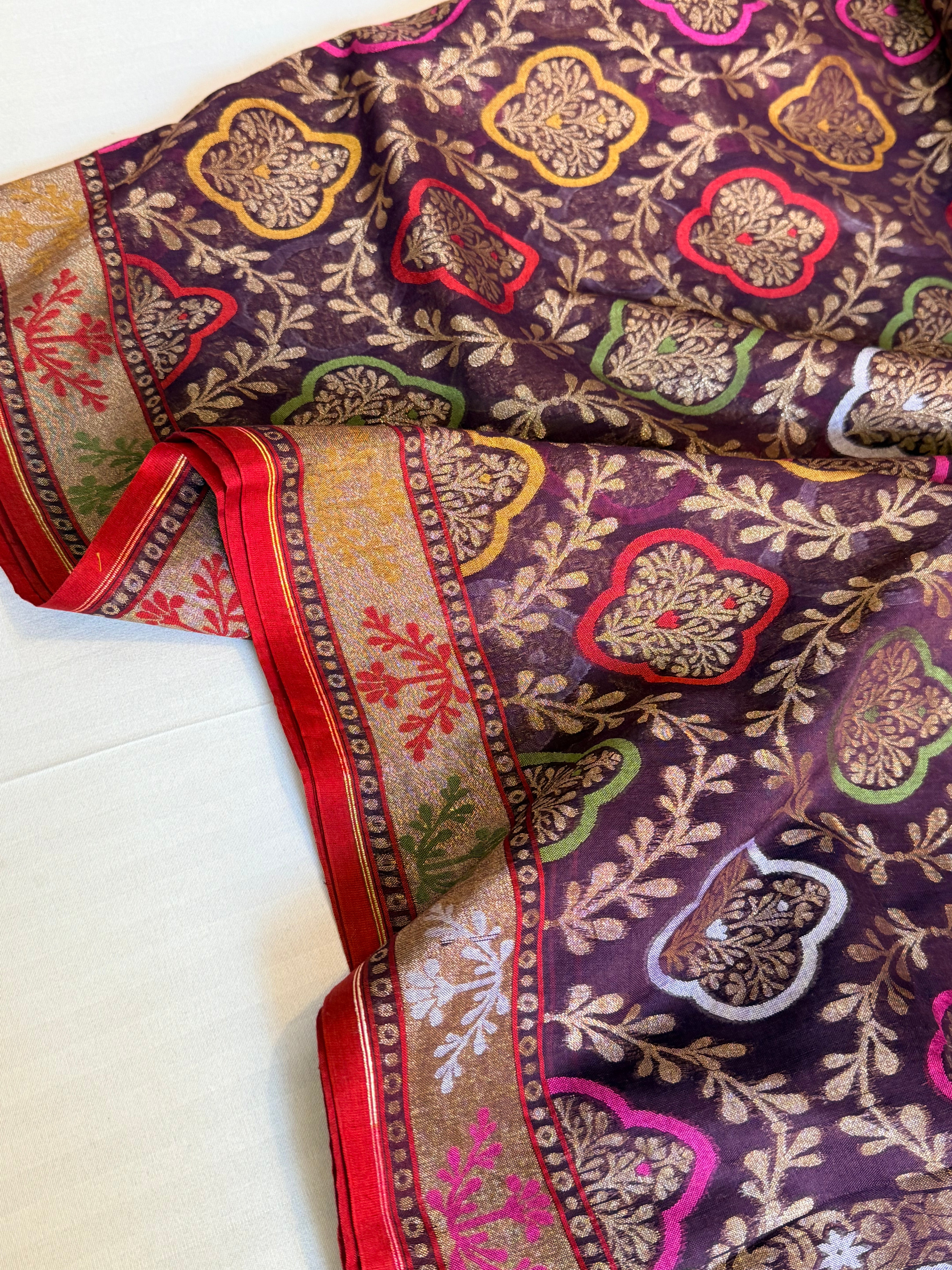 Iktara cotton jamdani wine meenakari kadhwa saree