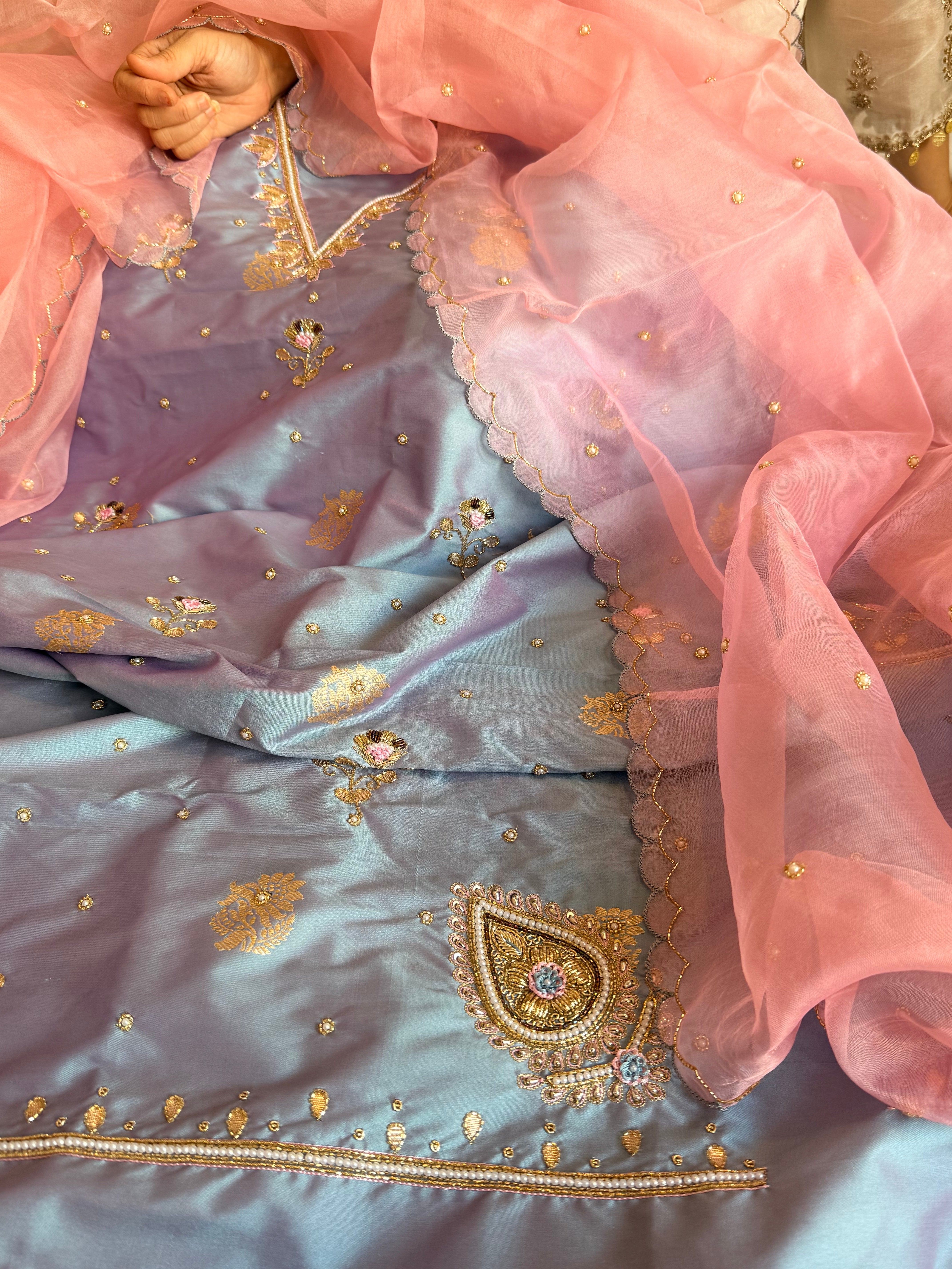 Katan silk hand embroidered banarasi kurta paired with kora silk duppata
