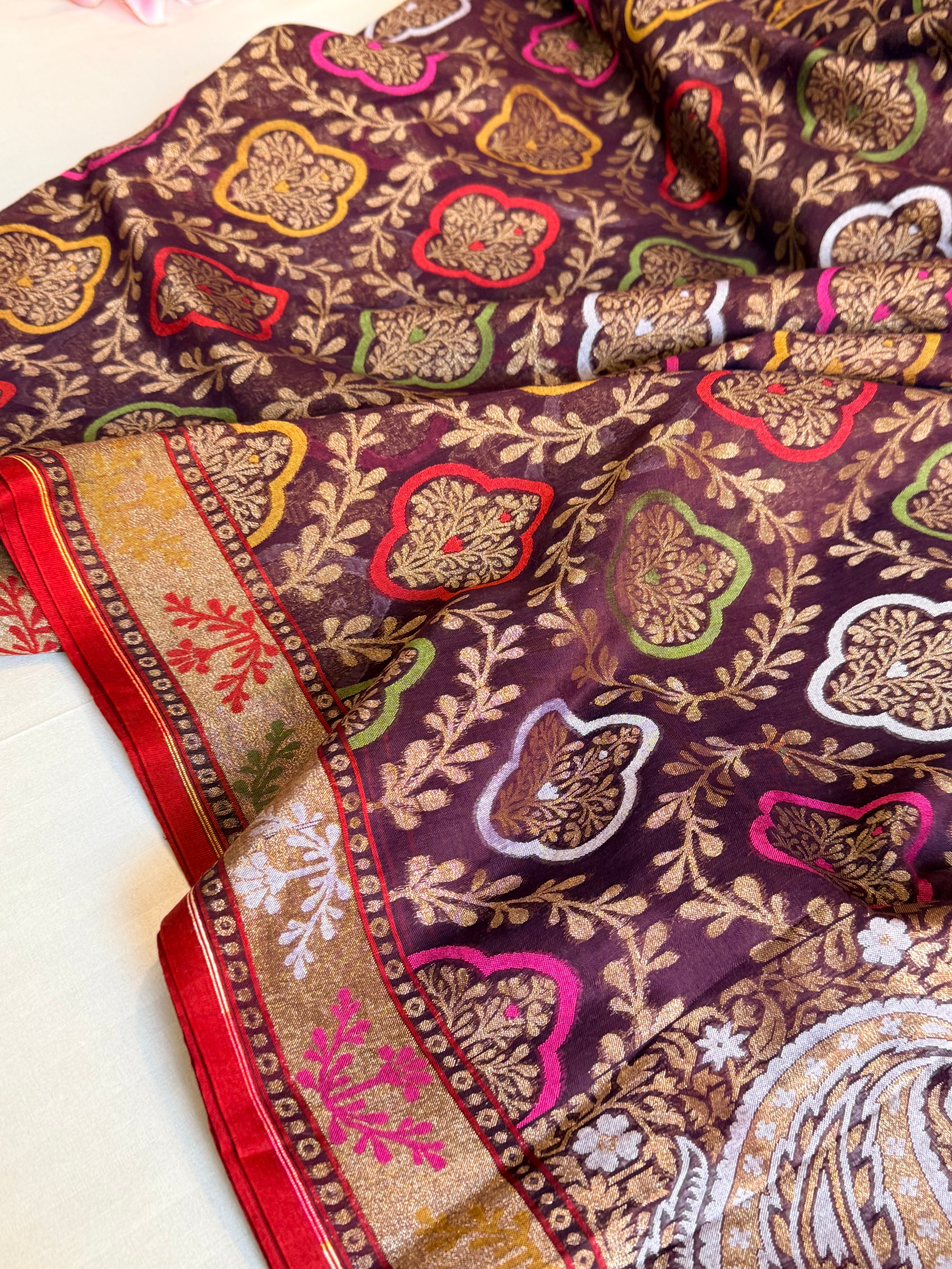 Iktara cotton jamdani wine meenakari kadhwa saree