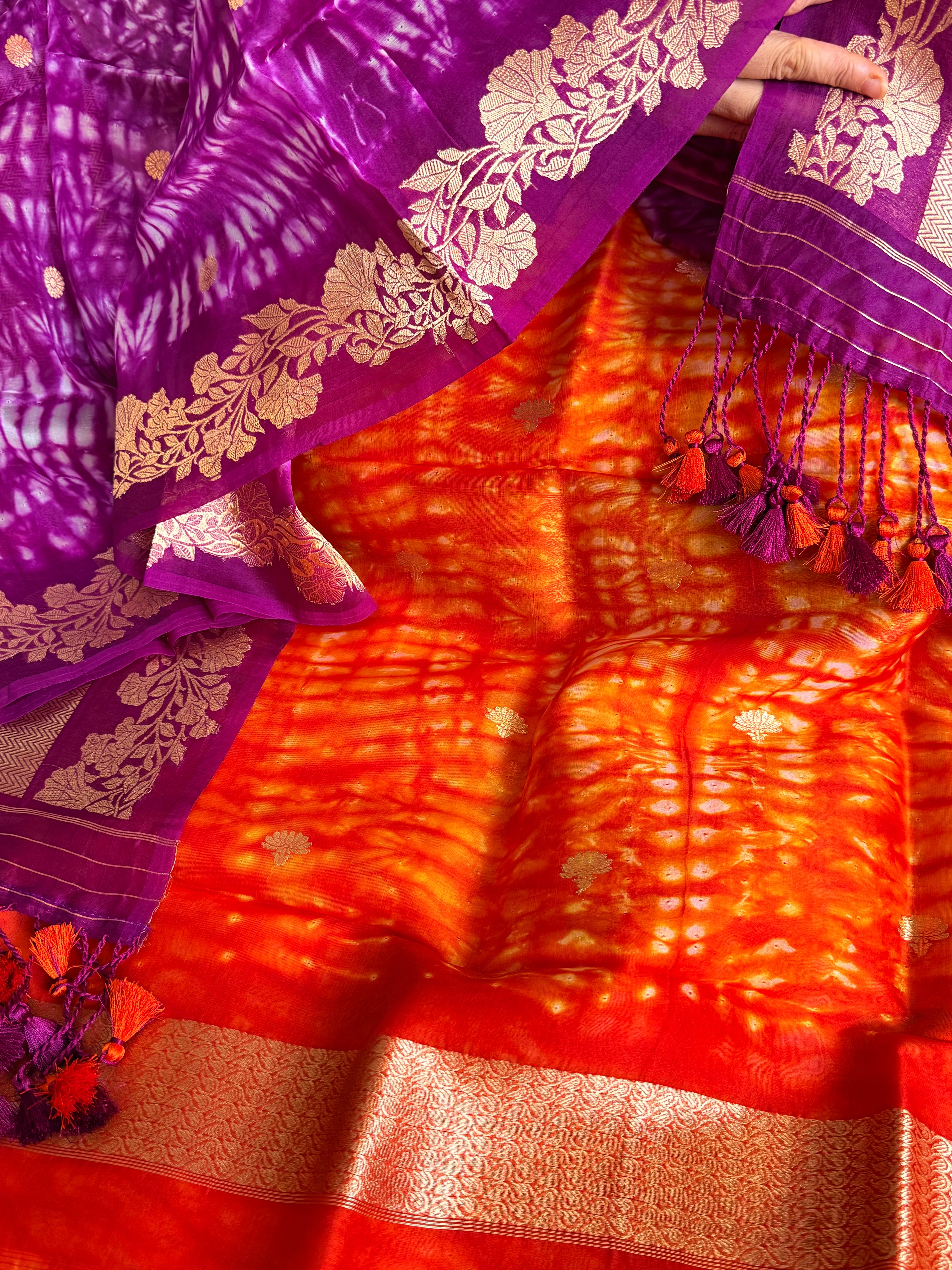 Purple - orange banarasi blue kora silk shibori dye kadhwa suit set