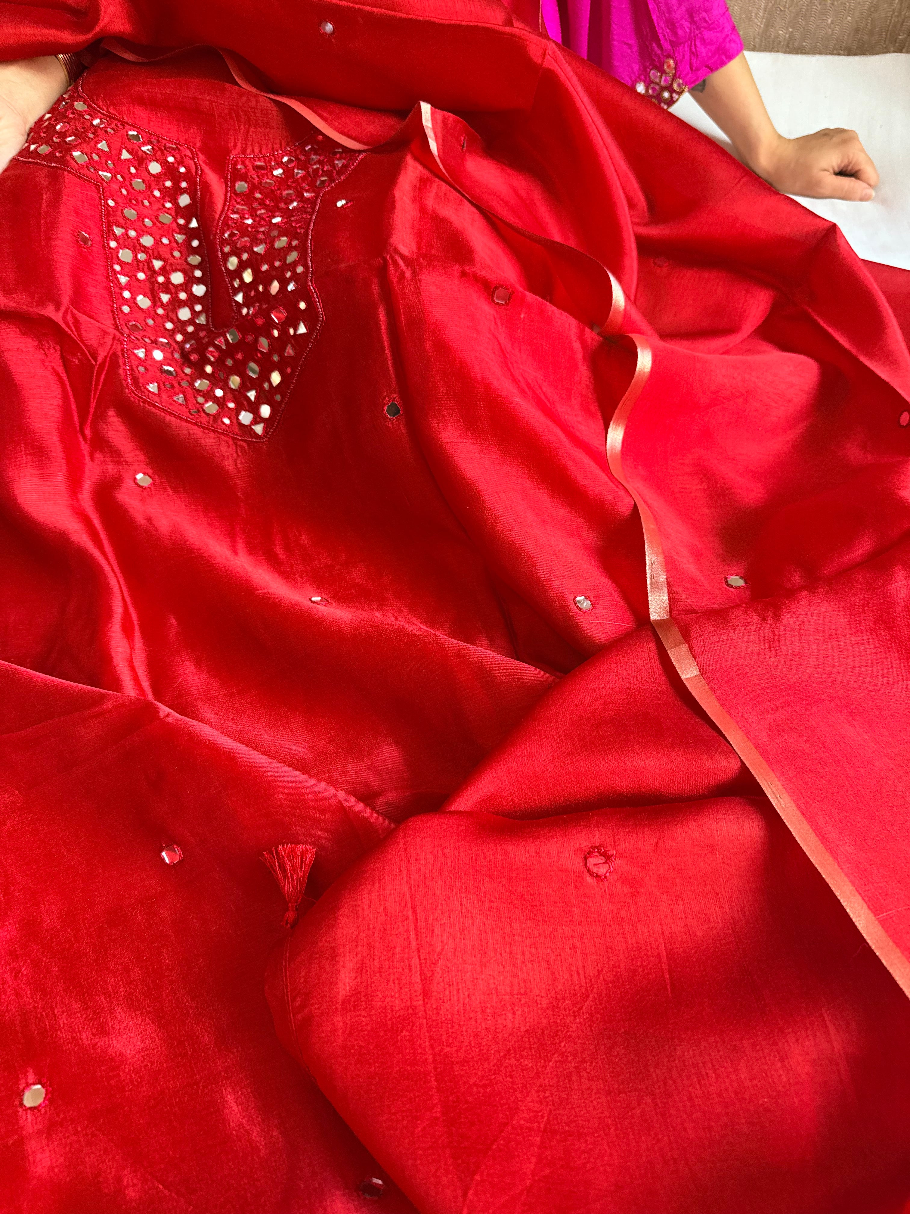 Spun chiniya silk mirror work hand embroidered banarasi suit set