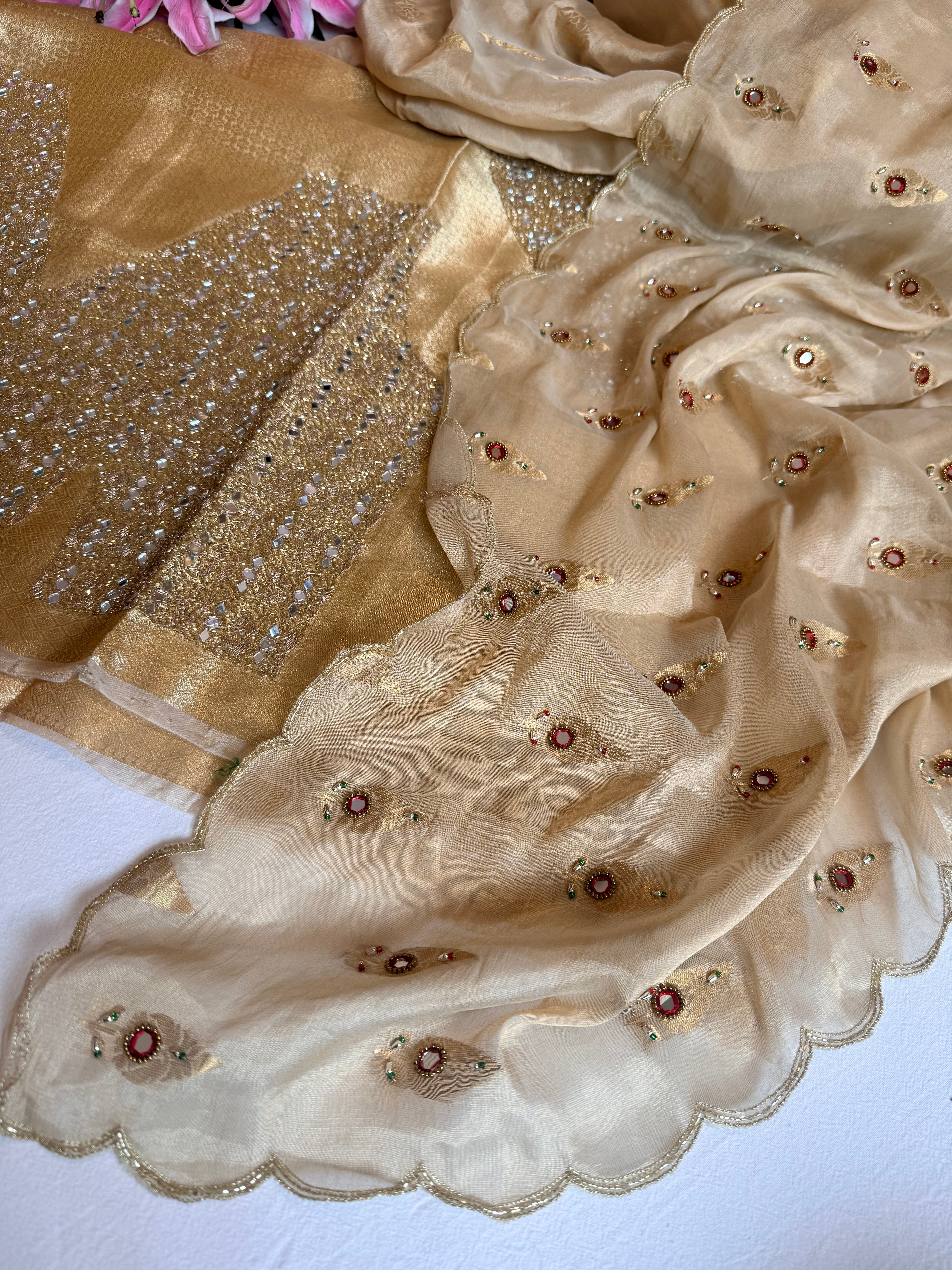 Chiffon tissue gorgette chunri buti hand embroidered kadhwa saree