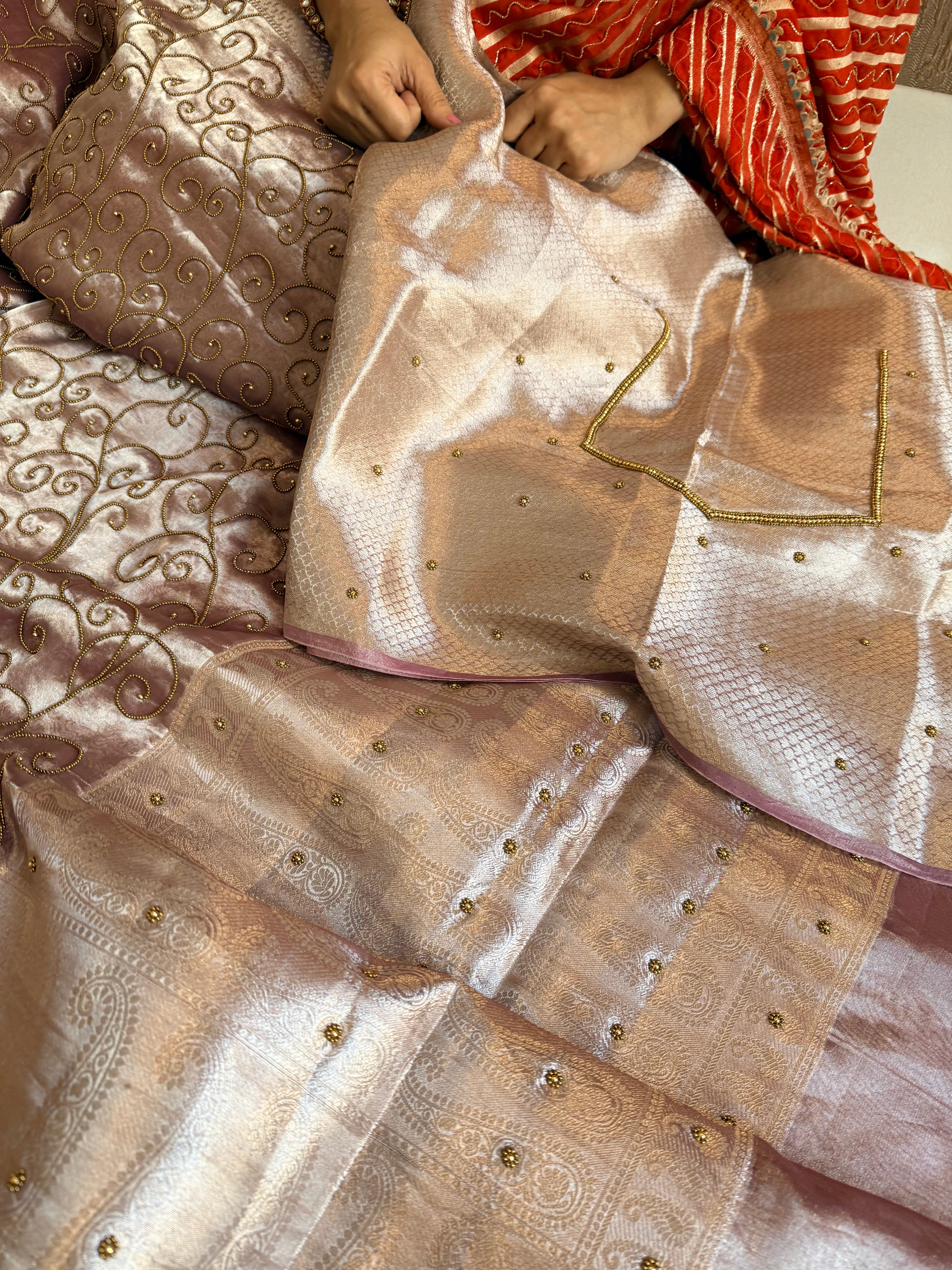 Rose gold tissue silk hand embroidered kadhwa saree with heavy blouse