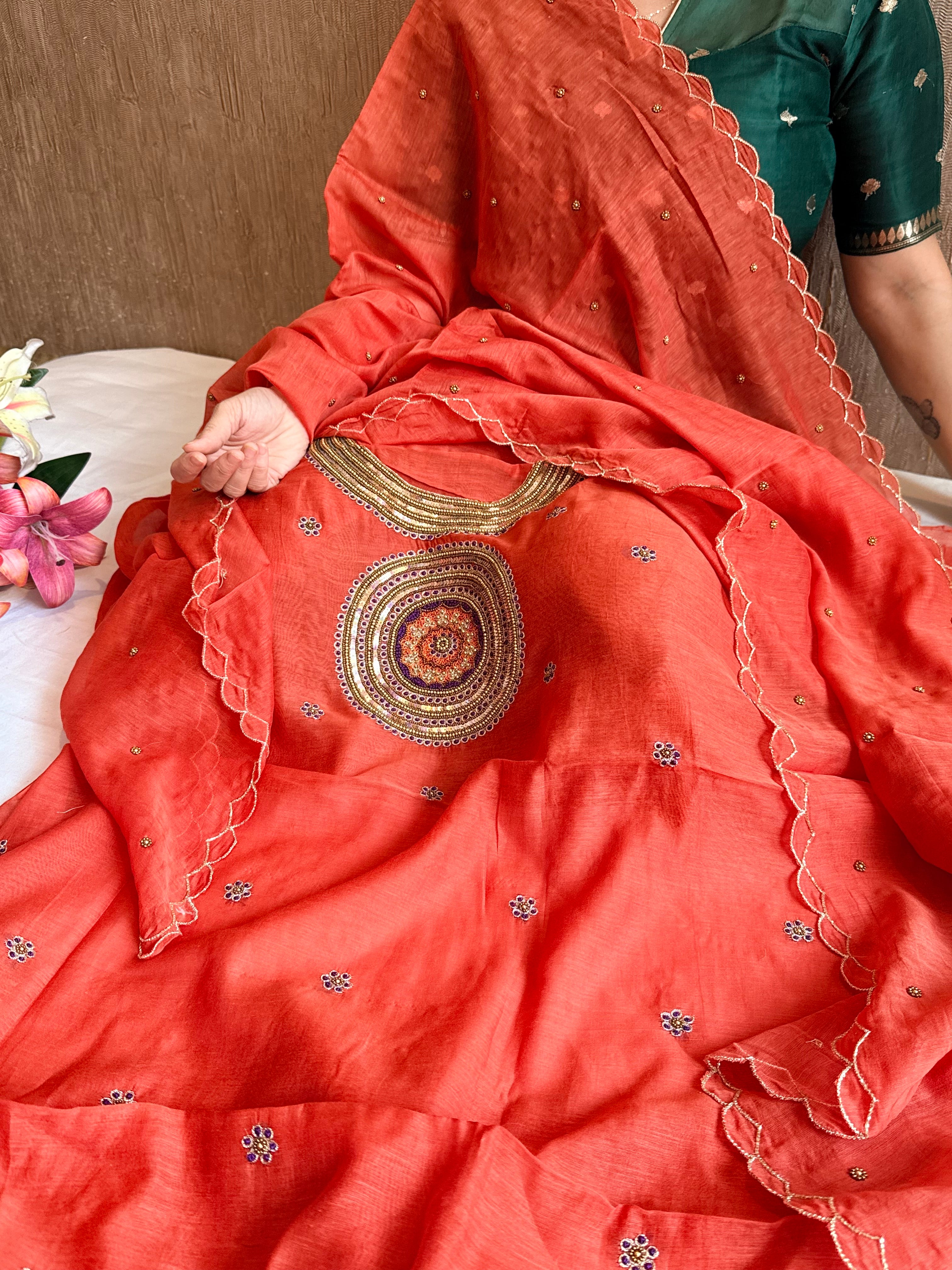 Mul cotton mandala inspired hand embroidered kadhwa suit set