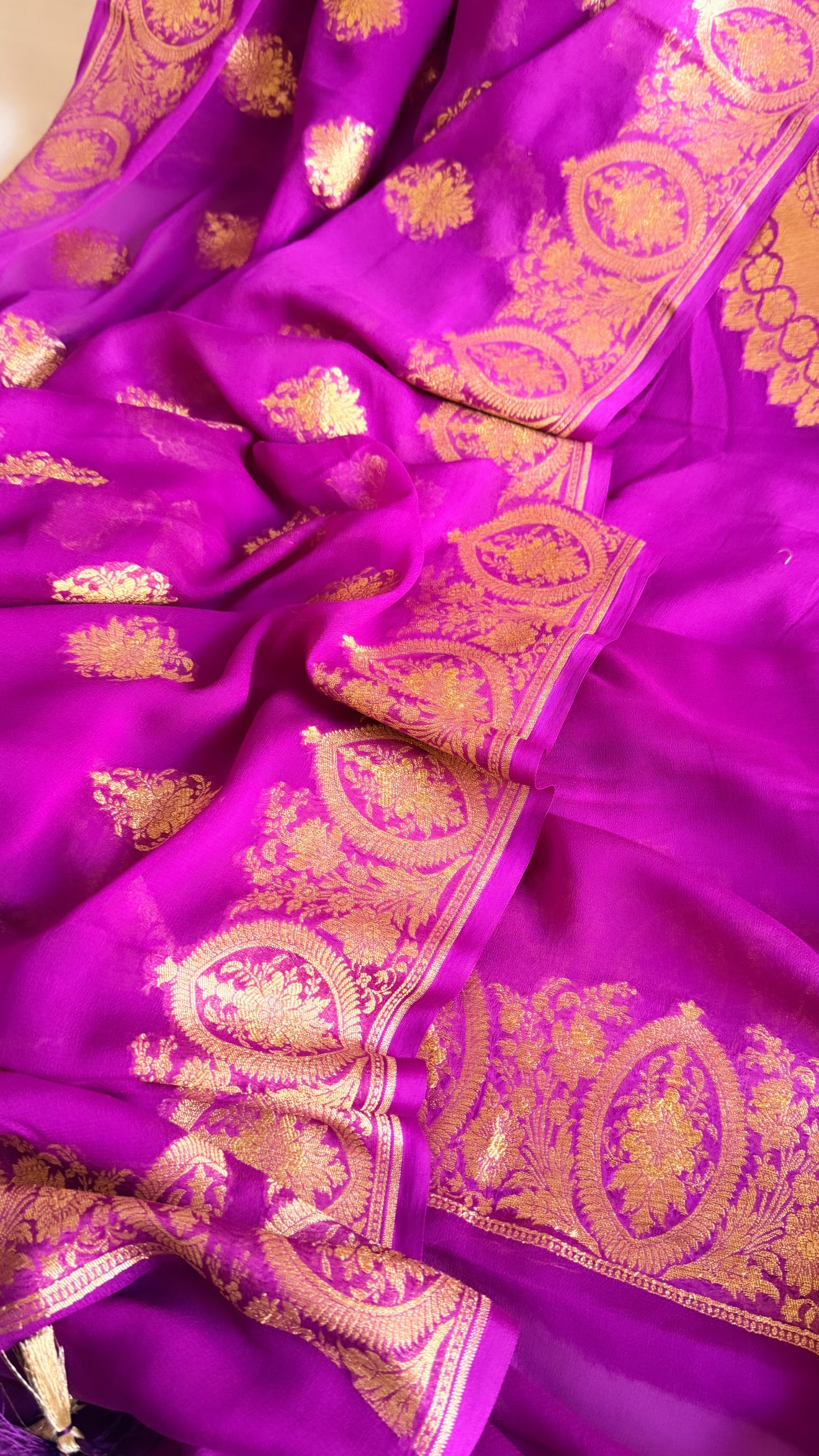 Neck & Pocket weaving - Chiffon gorgette bright purple kadhwa weaving suit set