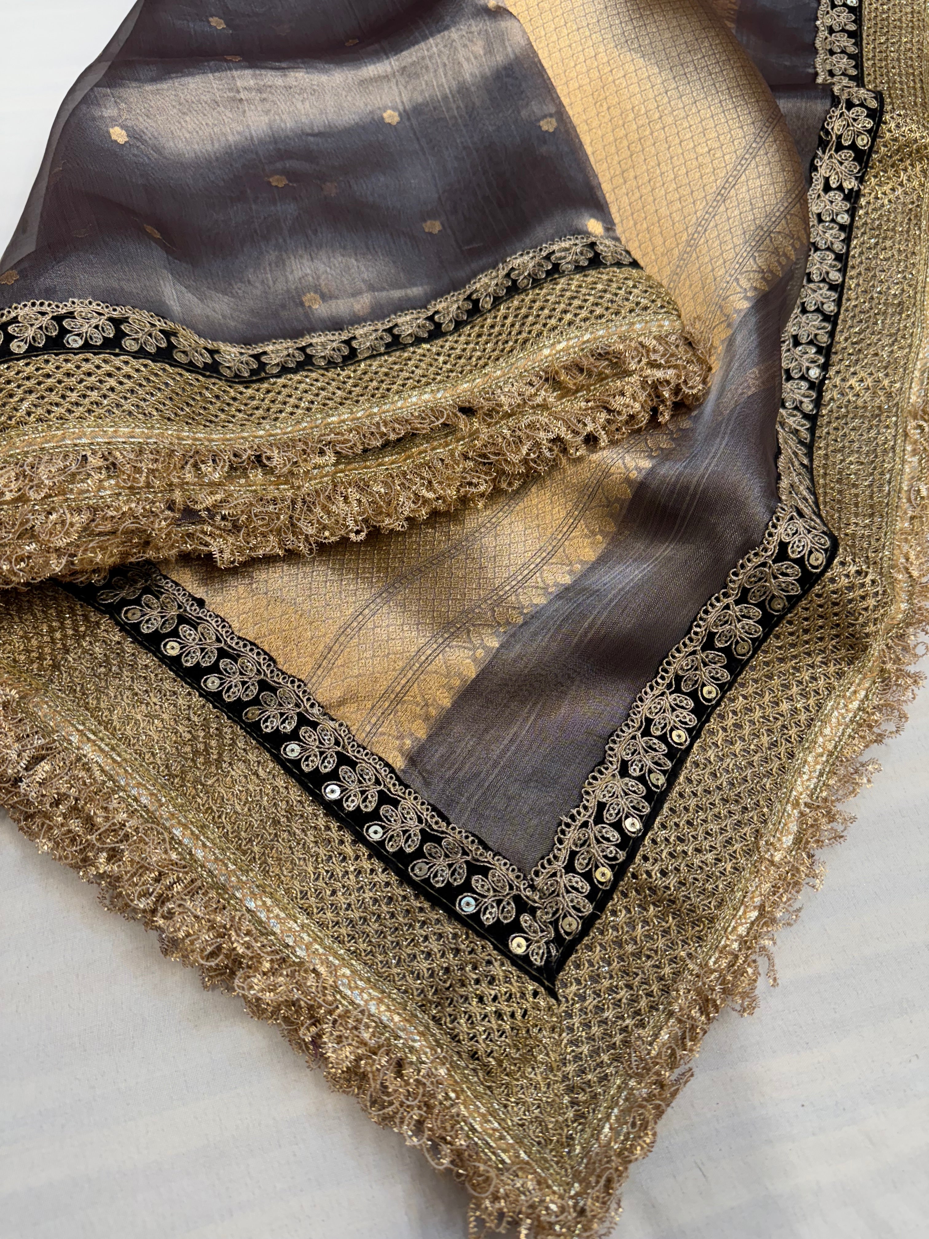Metallic grey maharani tissue silk kadhwa buti saree