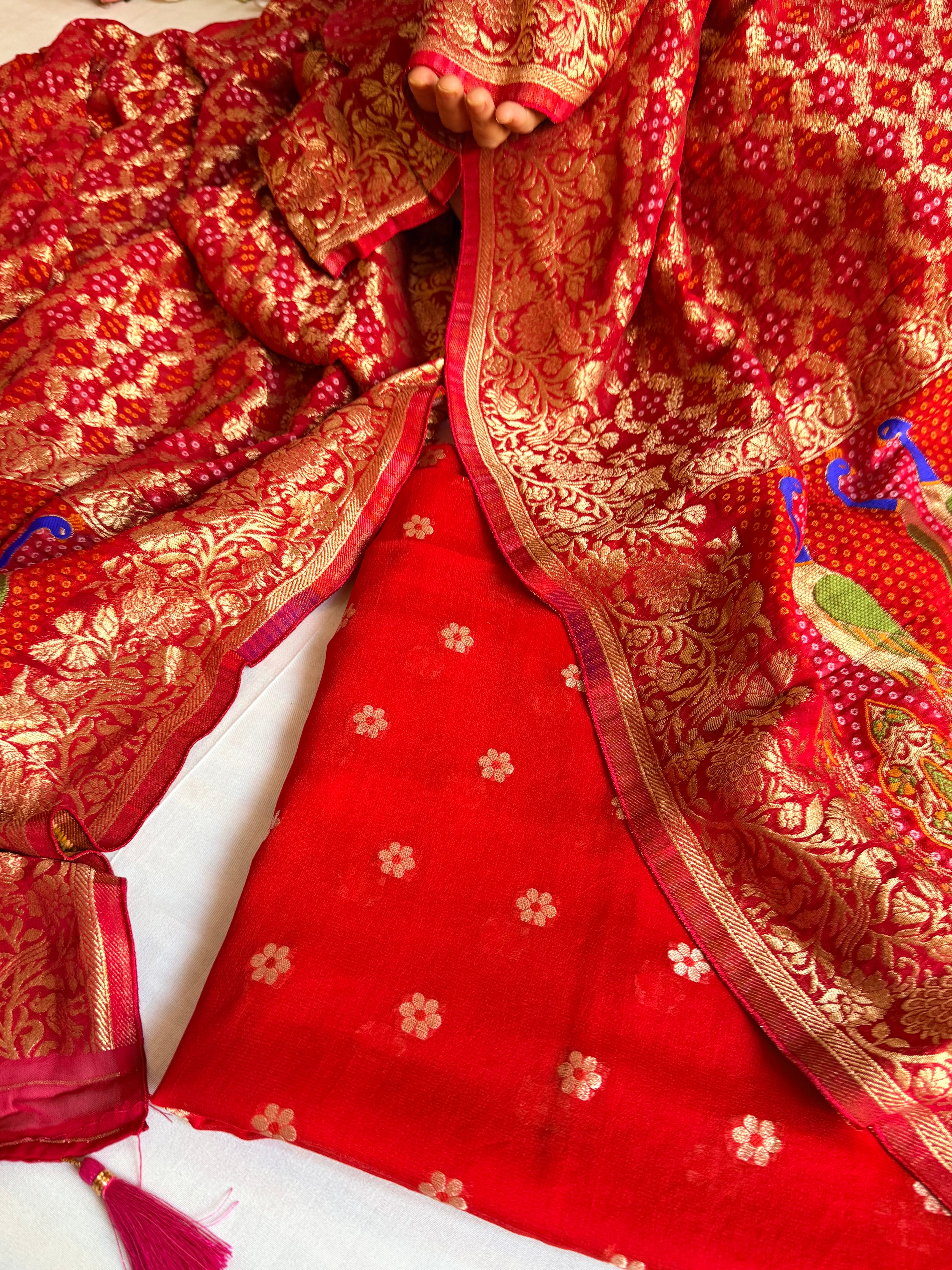 Banarasi rai bandhej peacock weaving gorgette kadhwa suits