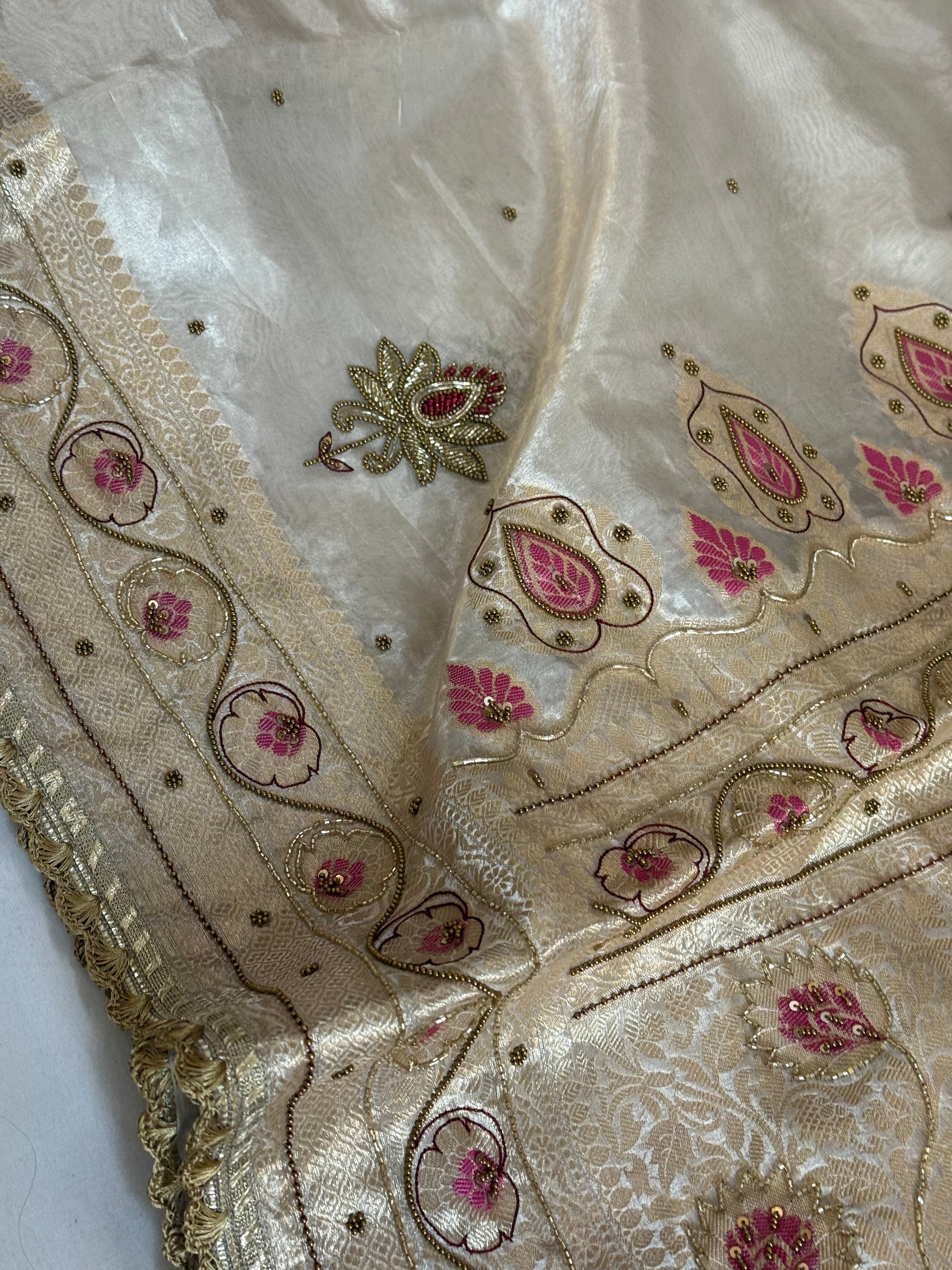 Moonlight silver diamond tissue pink meenakari kadhwa hand embroidered saree