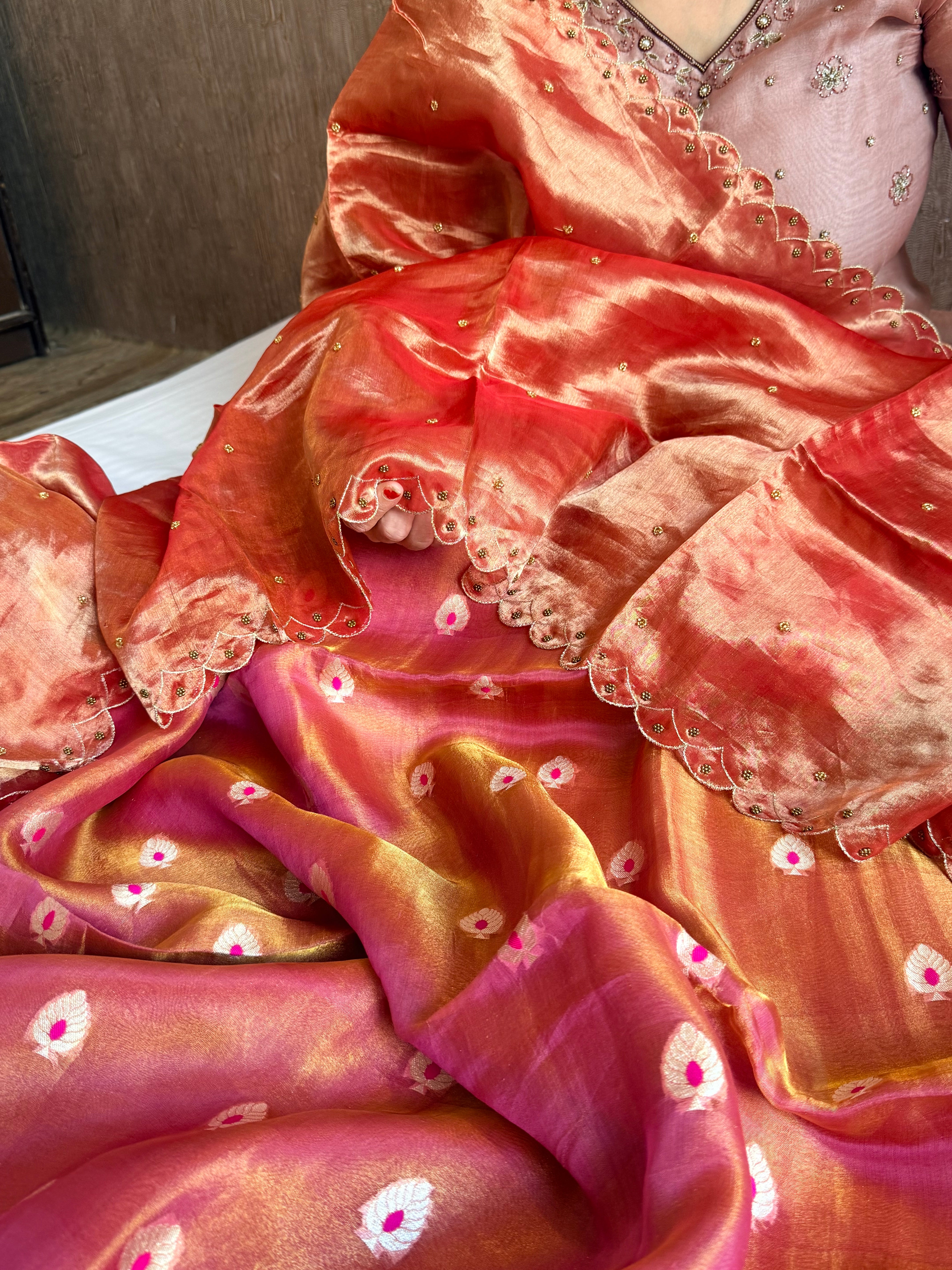 Rust pink tissue silk meenakari hand embroidered suit set