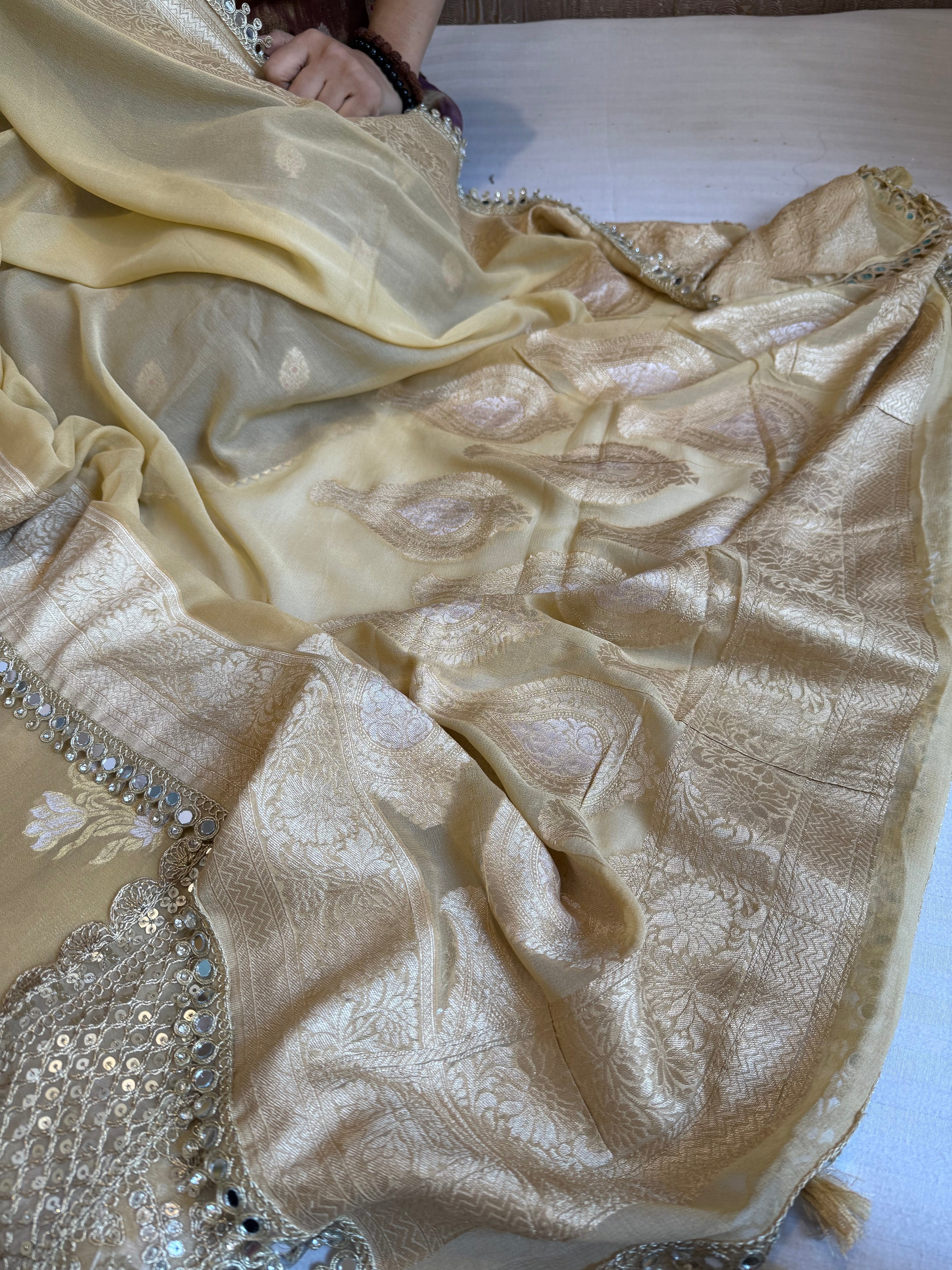 Banarasi dusty gold gorgette mirror work gotapatti suit set