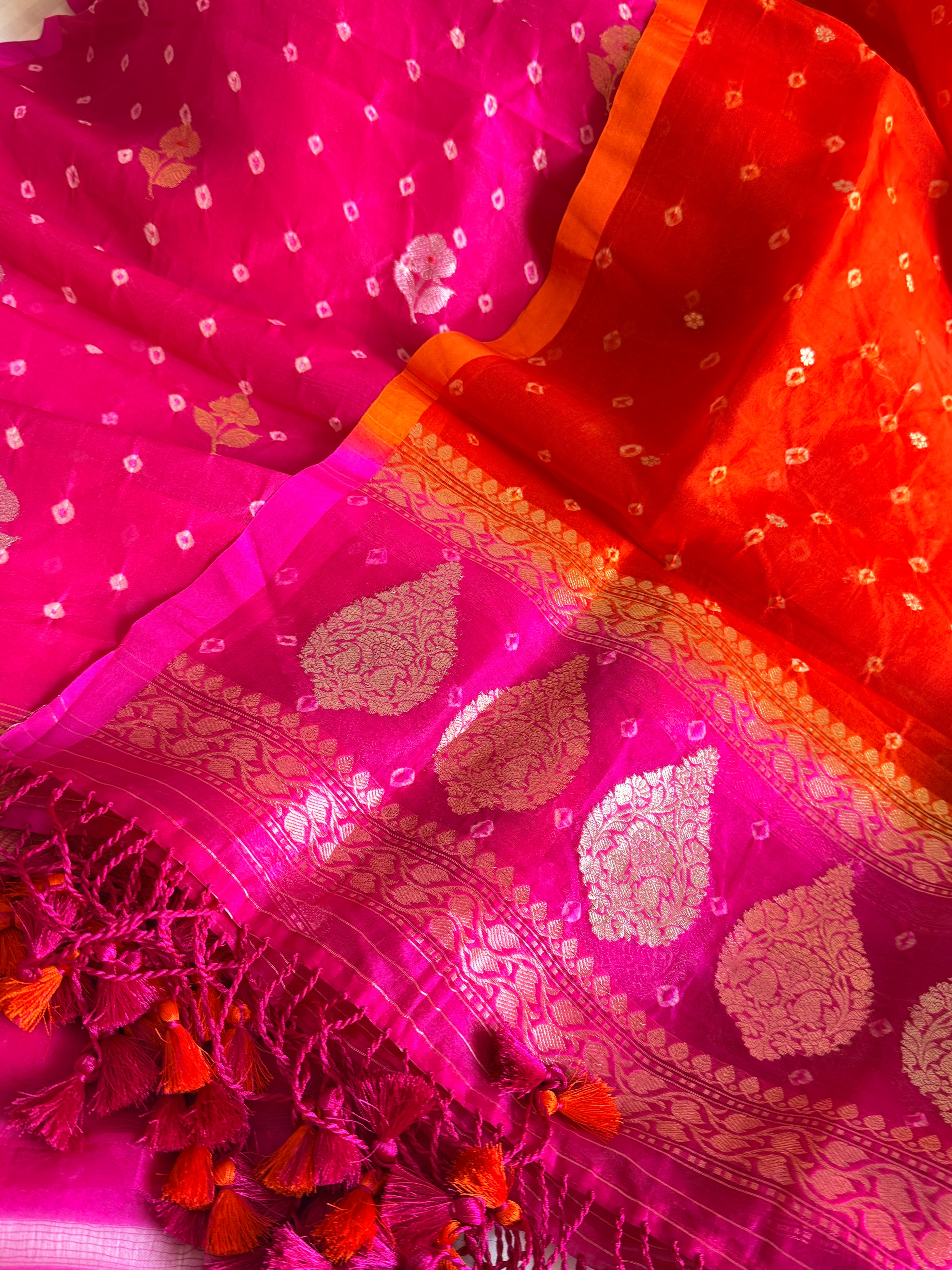 Bandhej dye banarasi kora silk rani-orange kadhwa buti suit set