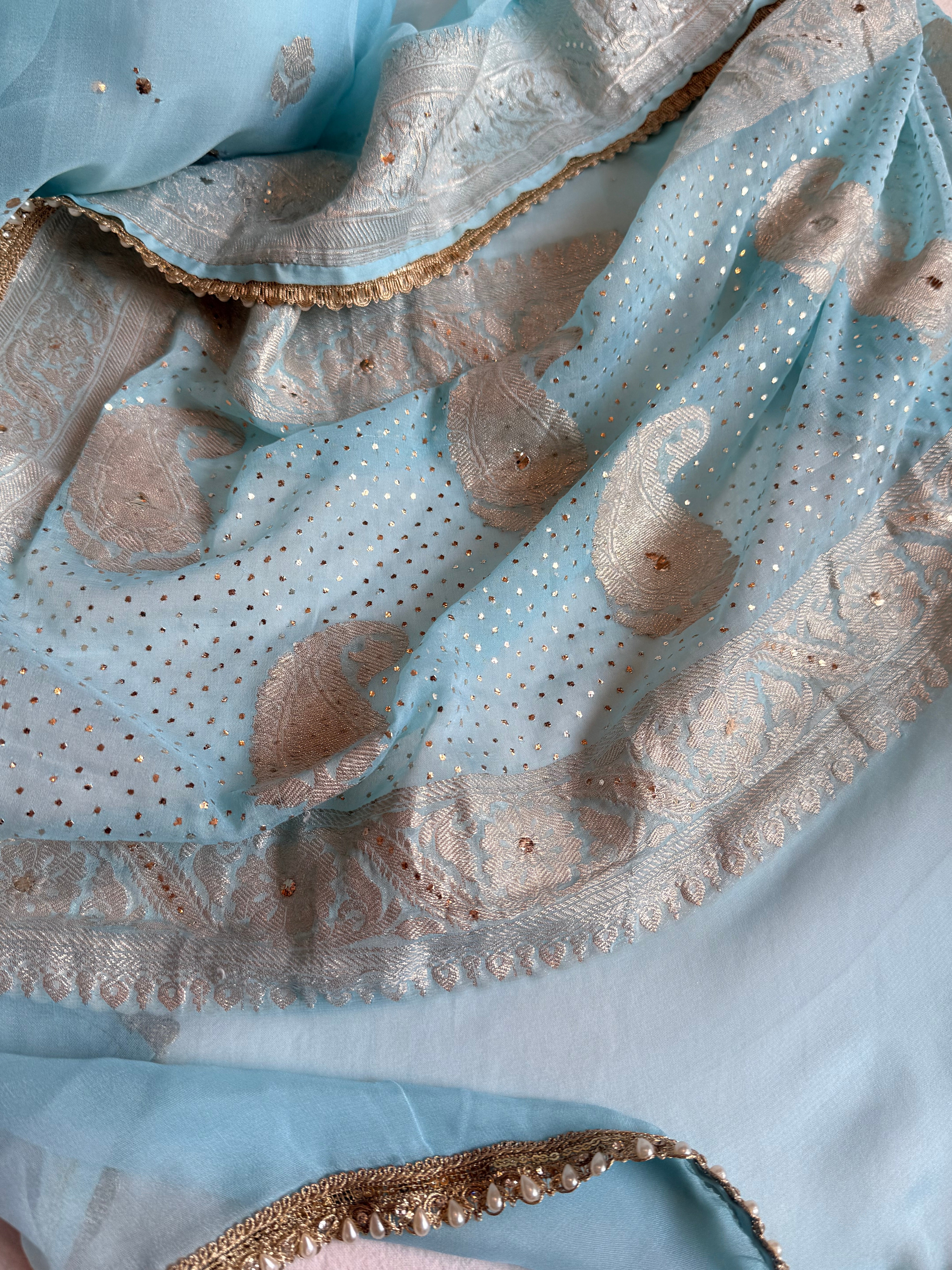 Chiffon gorgette banarasi firozi blue mukaish work hand embroidered saree