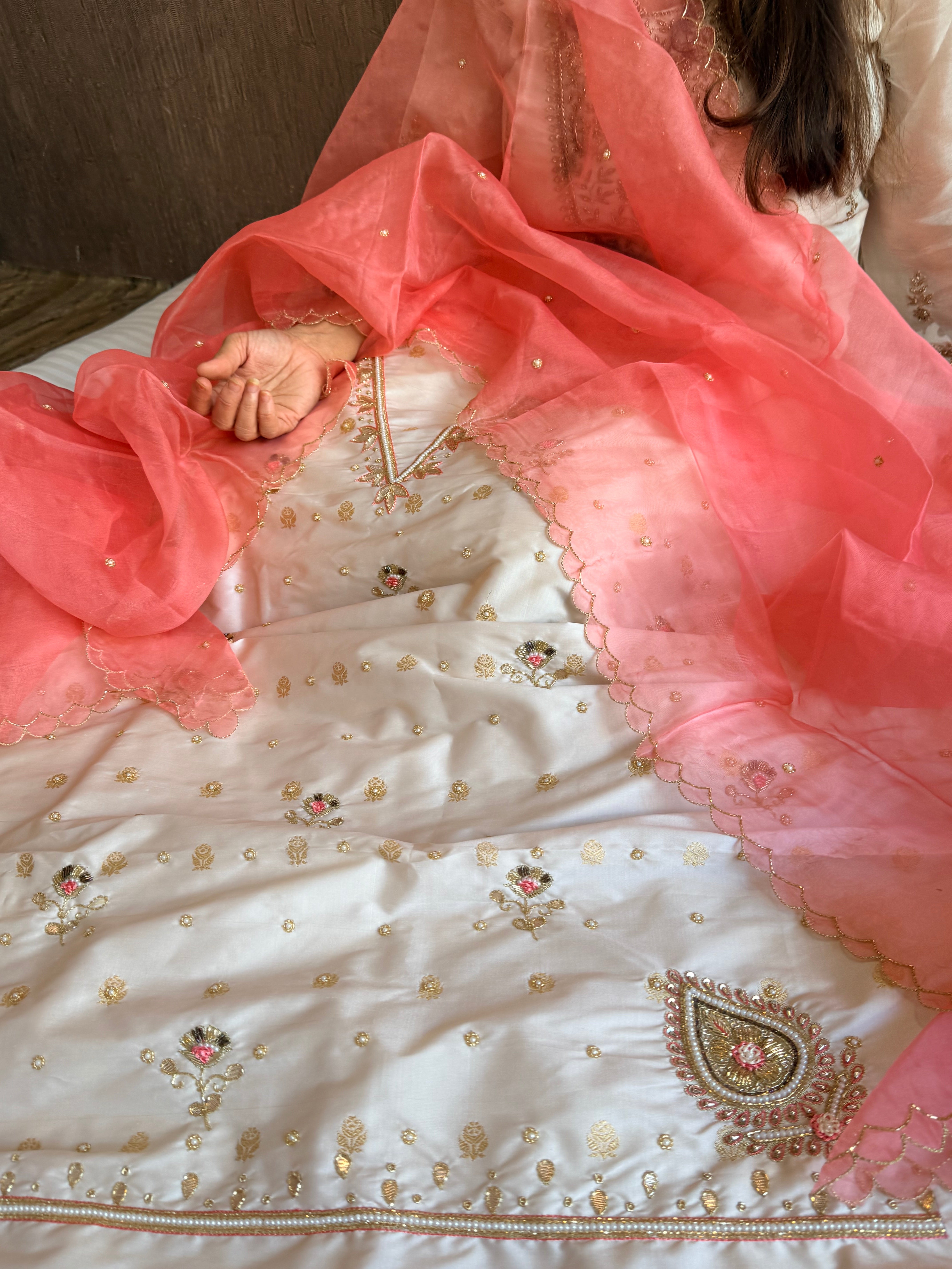 Katan silk hand embroidered banarasi kurta paired with kora silk duppata