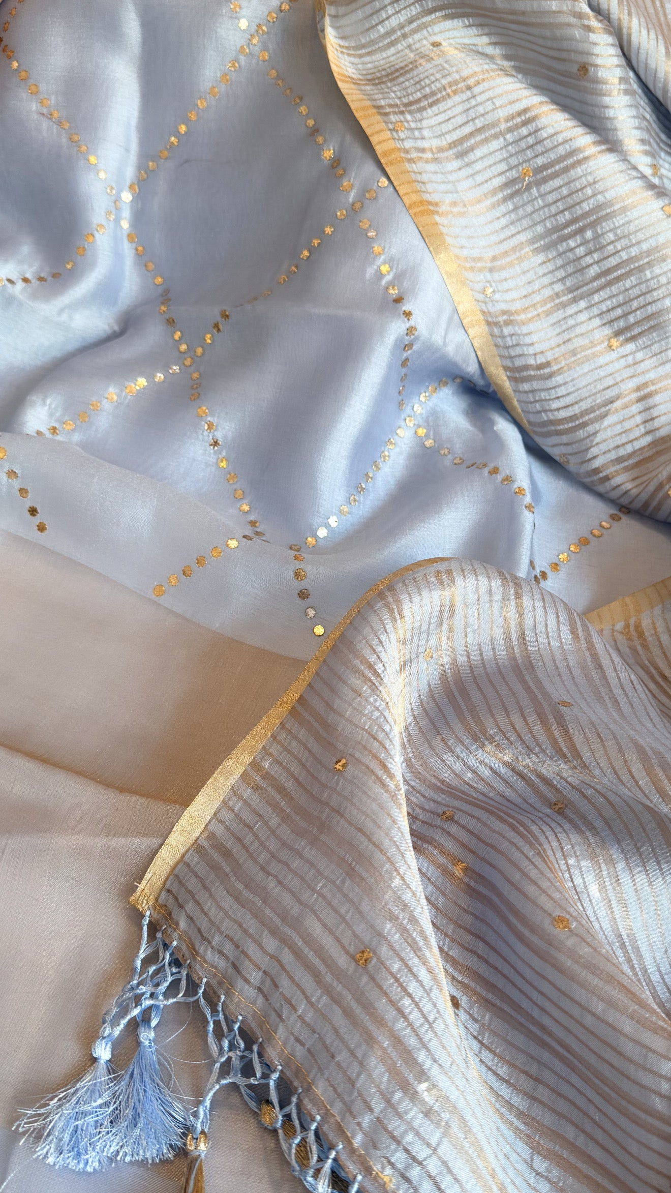 Summer suit edit - Spun chiniya silk mukaish work blush blue hand embroidered suit set