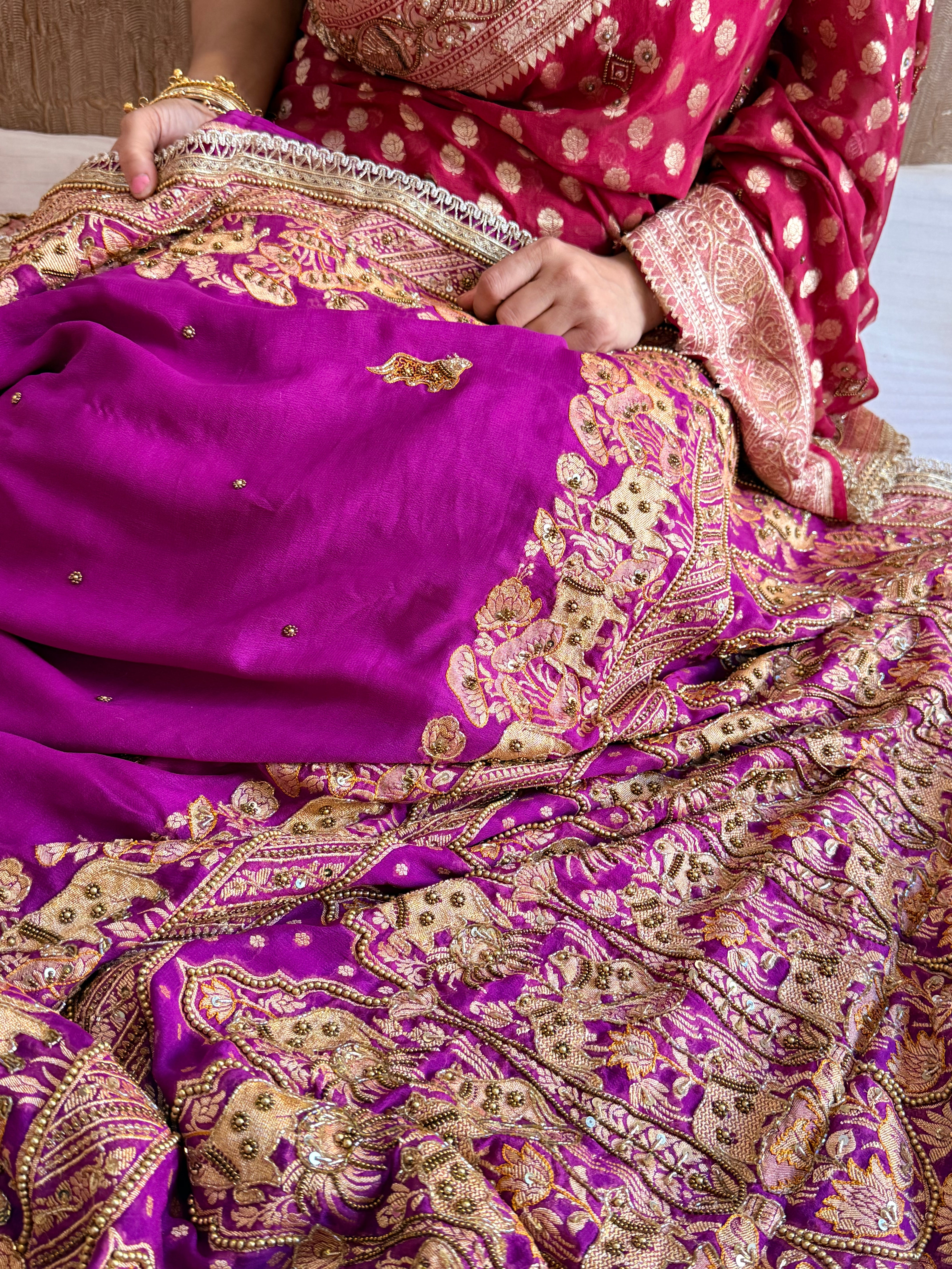 Banarasi chiffon gorgette purple hand embroidered kadhwa saree