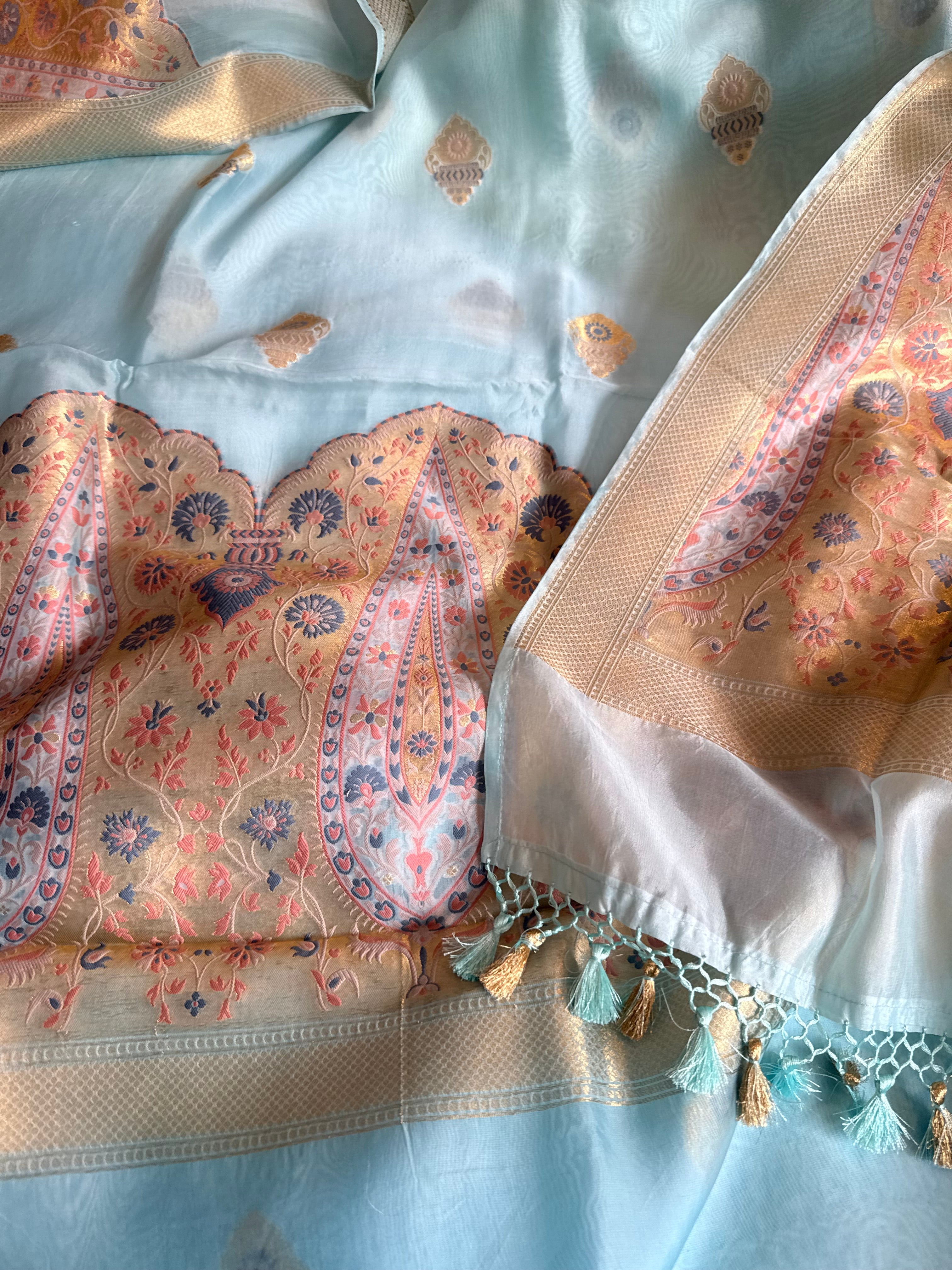 Butter silk banarasi ice blue meenakari kadhwa weaving suit set