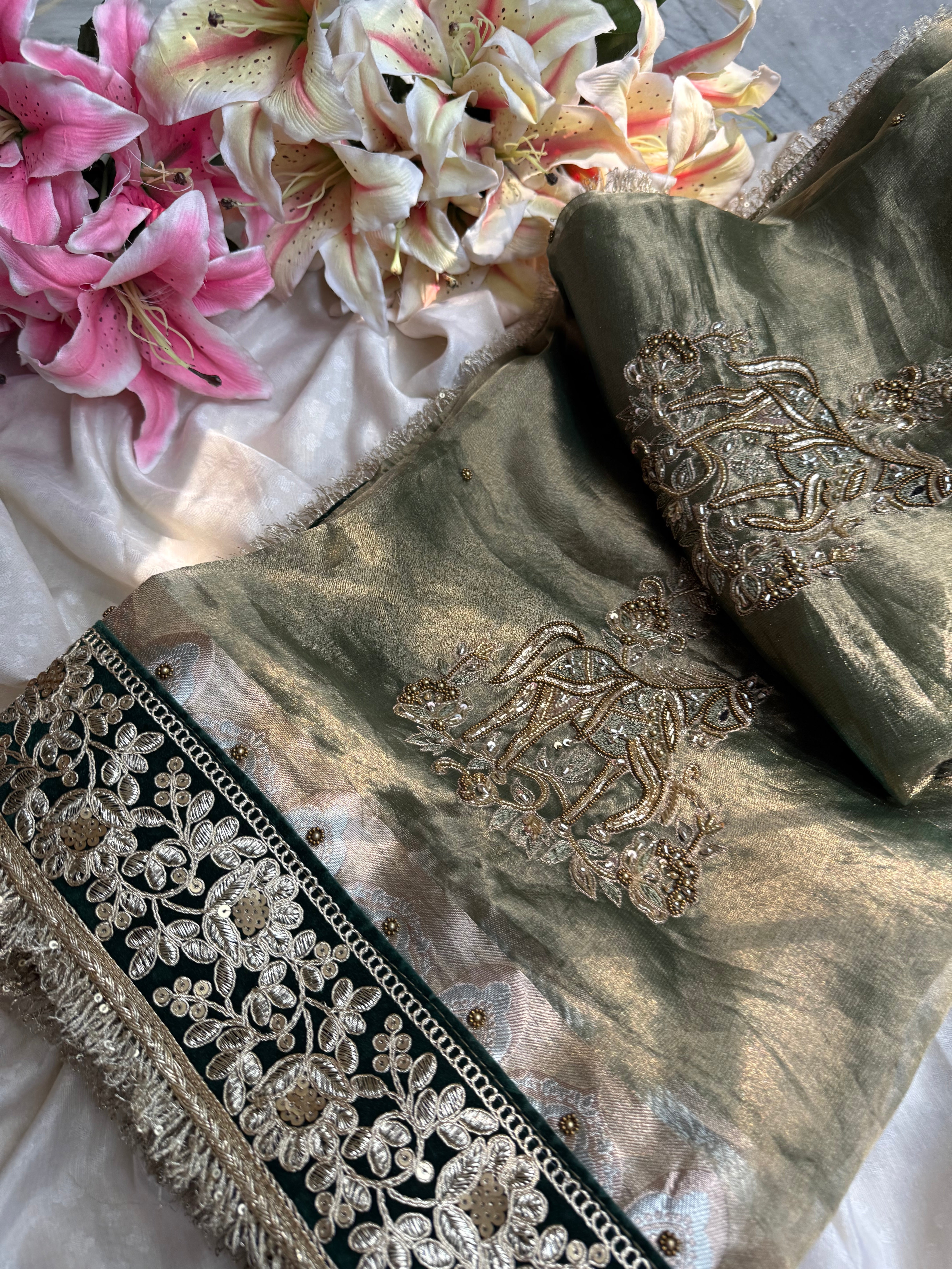 सुनहरा घोड़ा-  Royal horse motif tissue silk mint green hand embroidered saree