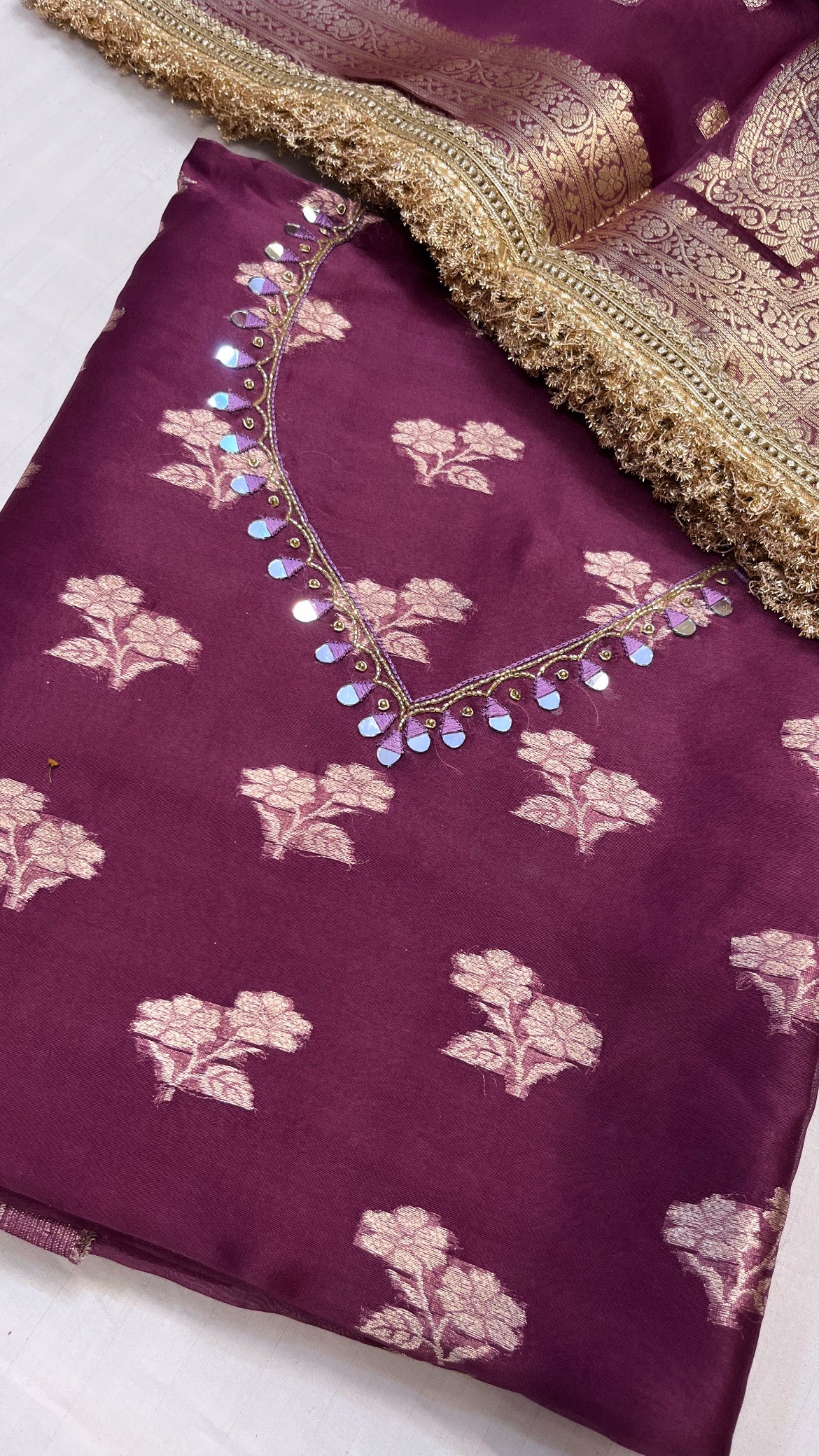 Heeramandi plum kora silk gotapatti hand embroidered suit set