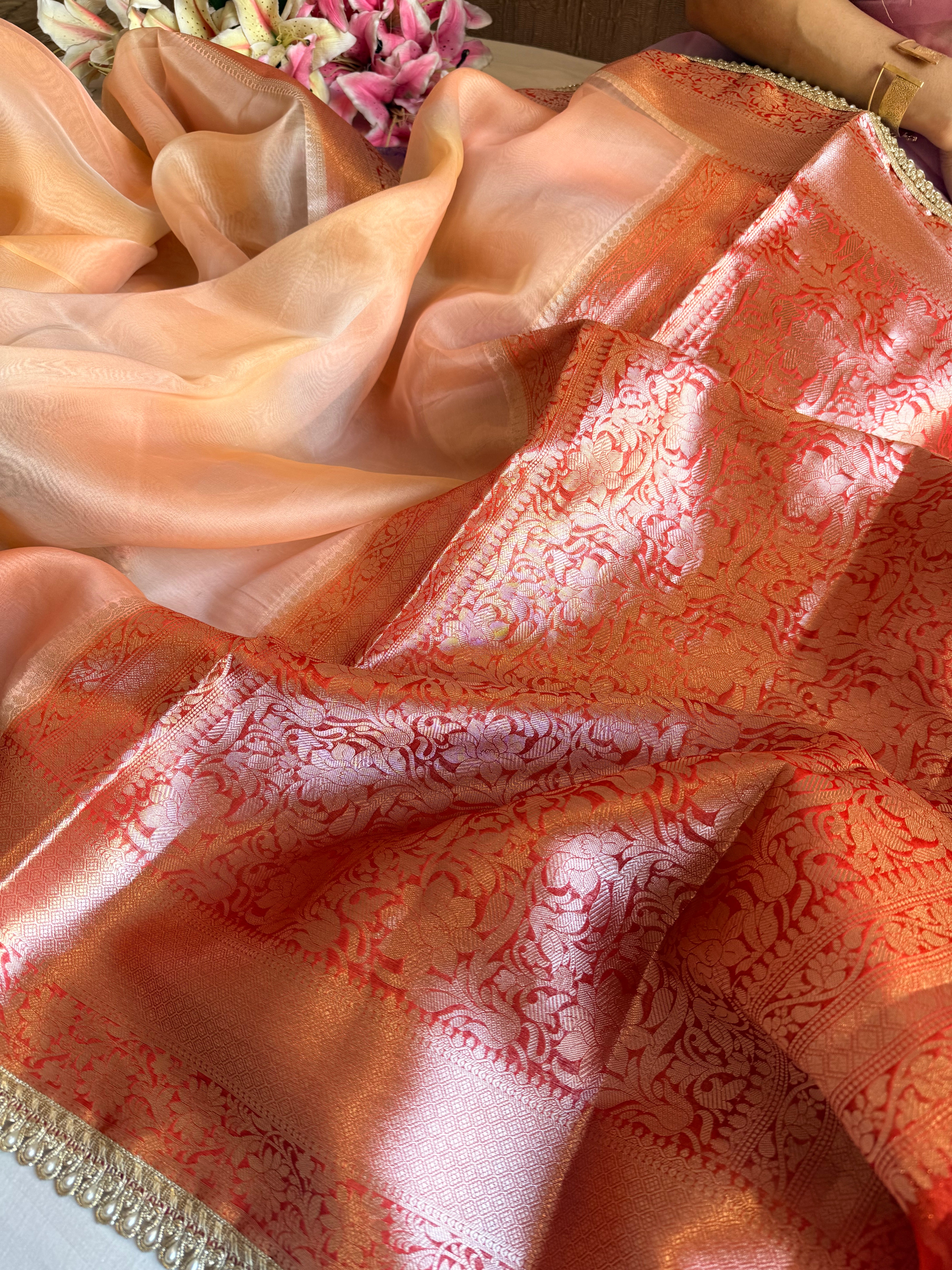 Banarasi kora silk rainbow dyed kadhwa saree with gotapatti work