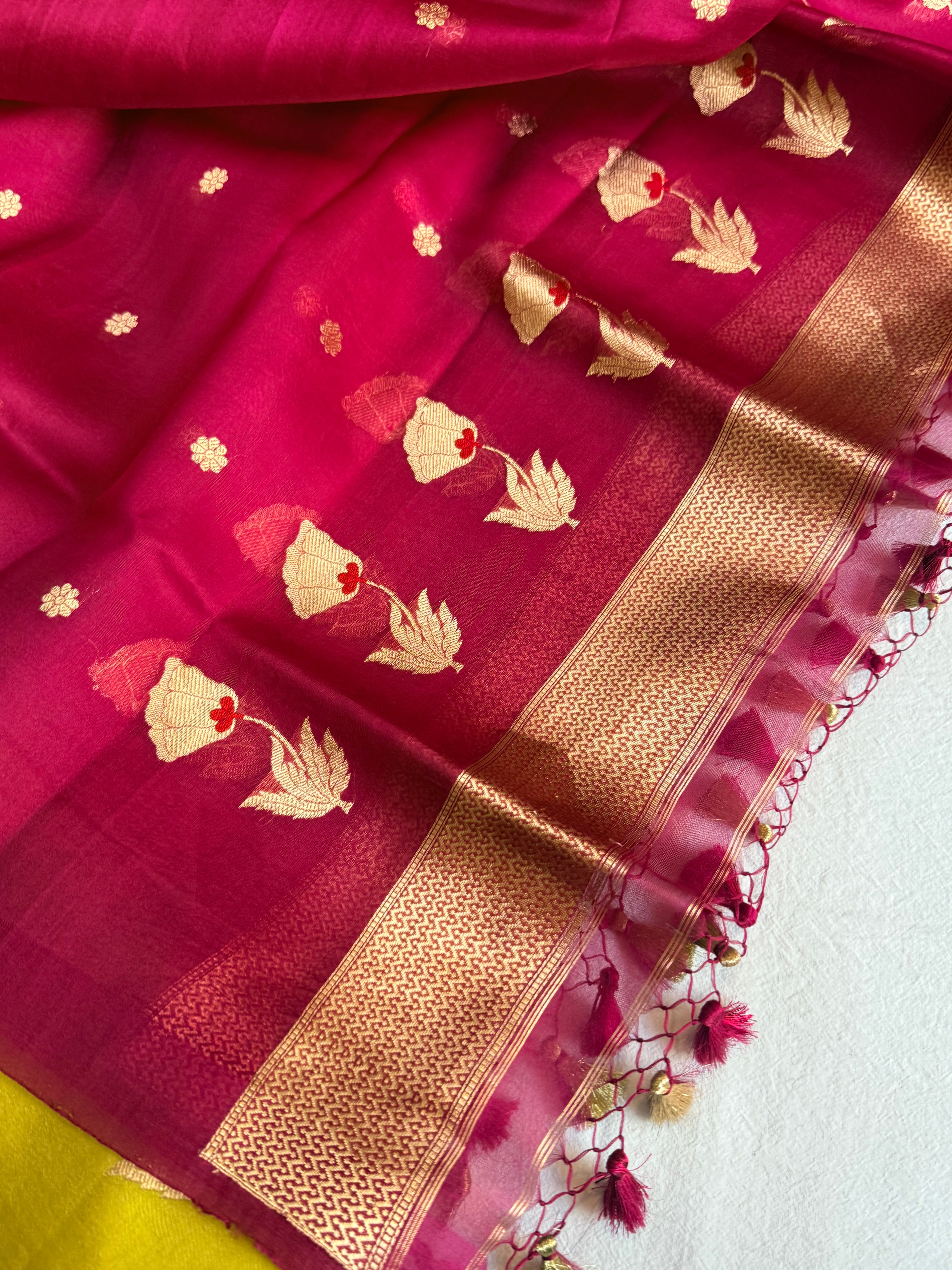 Rose buta spun chiniya silk kadhwa buti suit set