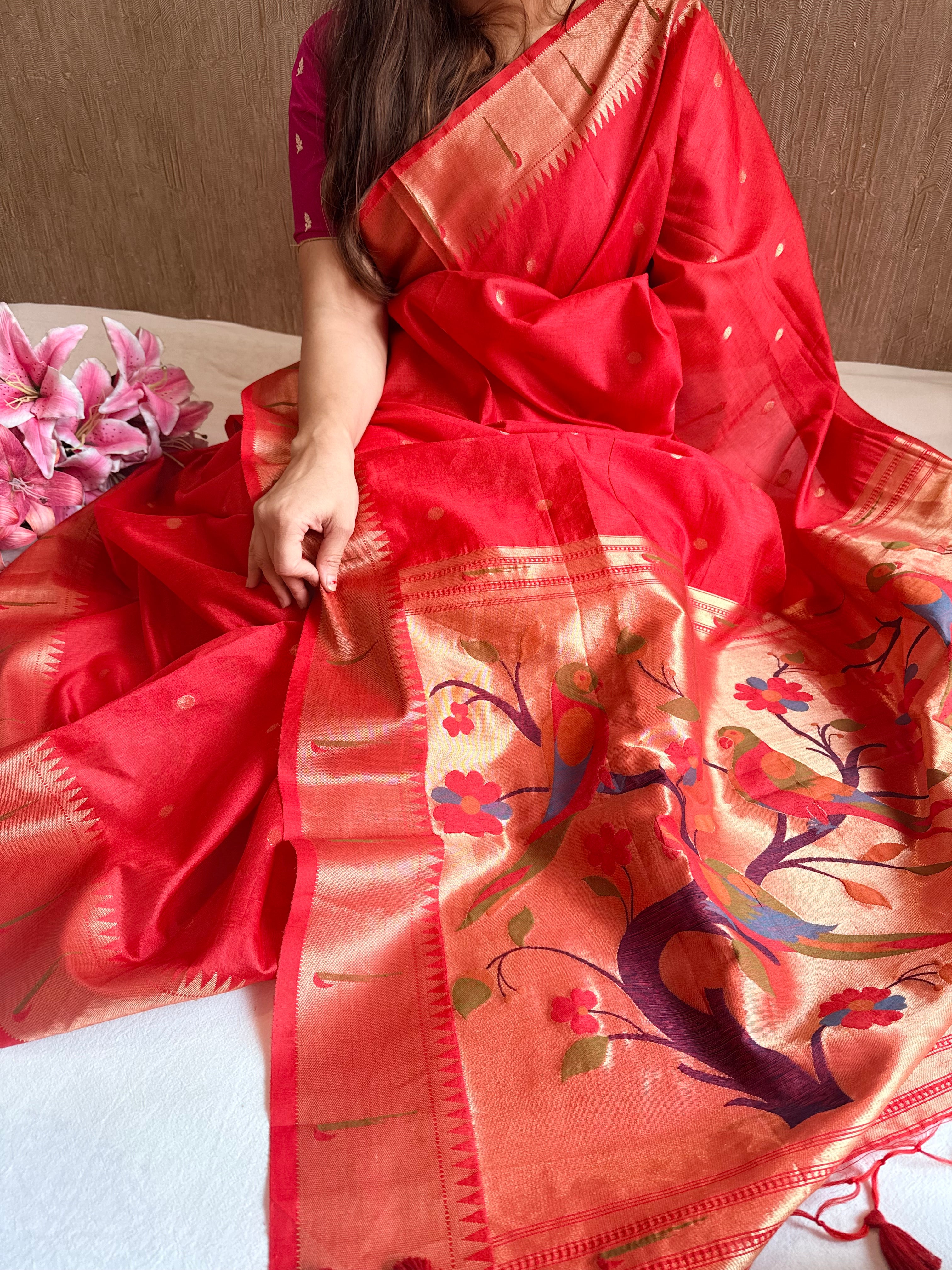 Blood red mul cotton paithani weaving kadhwa banarasi saree