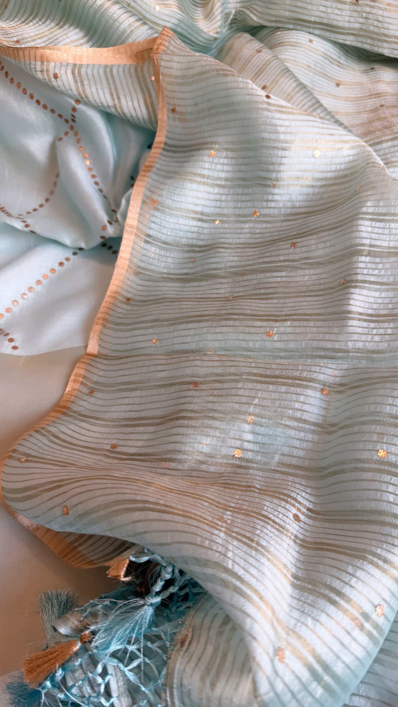 Summer suit edit - Spun chiniya silk mukaish work greenish-blue hand embroidered suit set