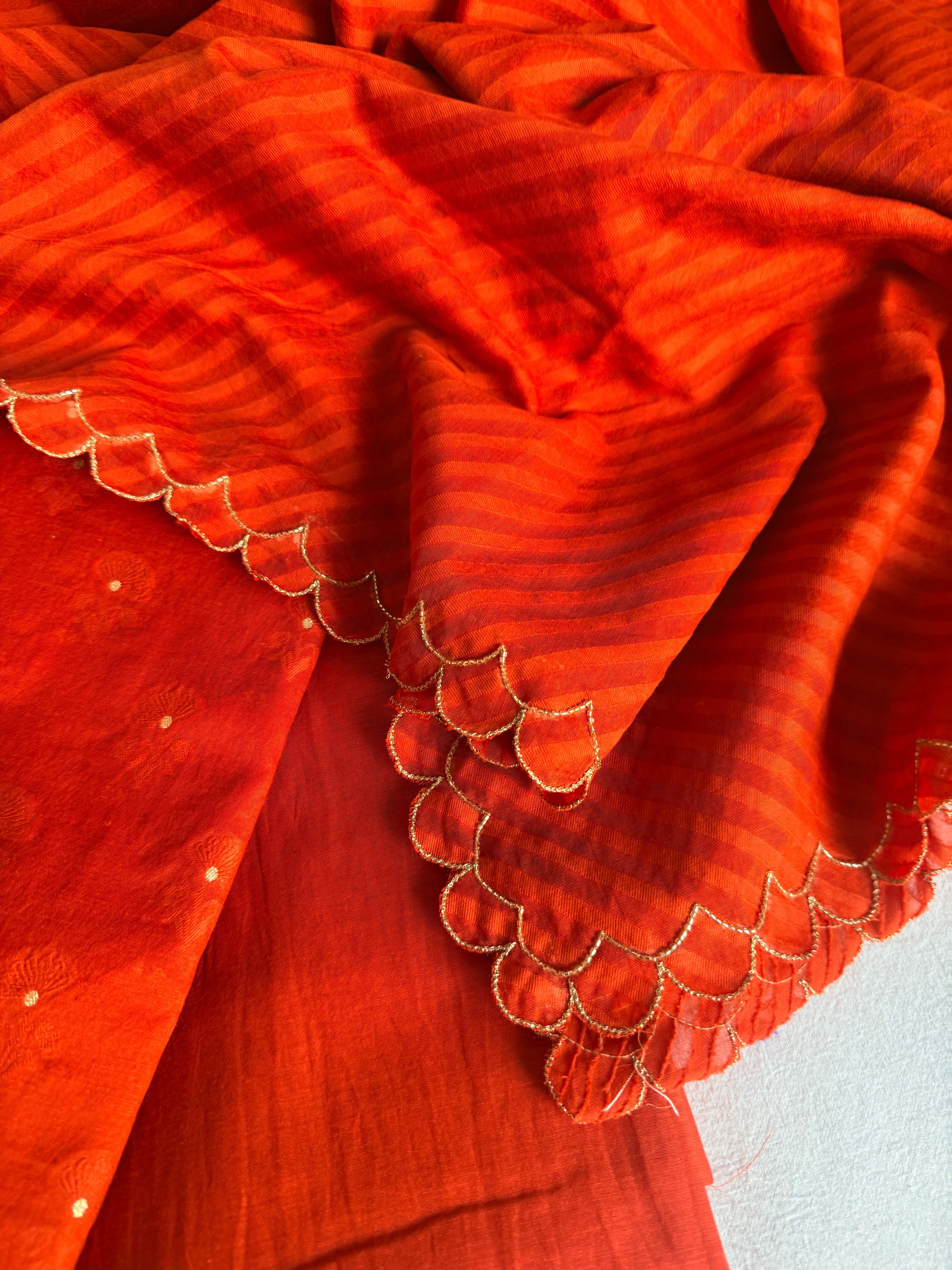 Summer suits under 8k - Mul cotton burnt orange kurta paired with cotton sscalloped duppata set