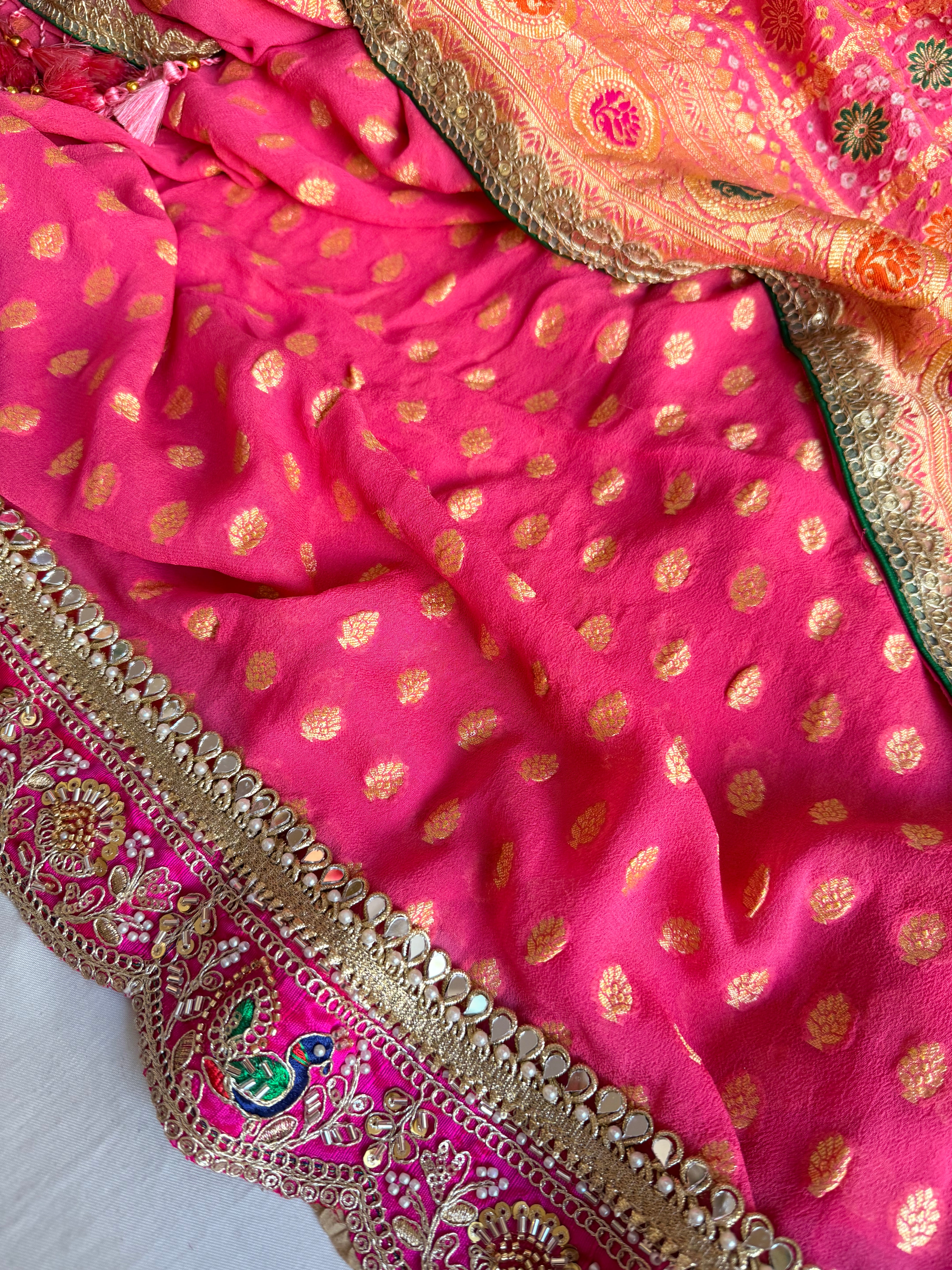 Rai bandhej strawberry pink banarasi chiffon gorgette gotapatti suits