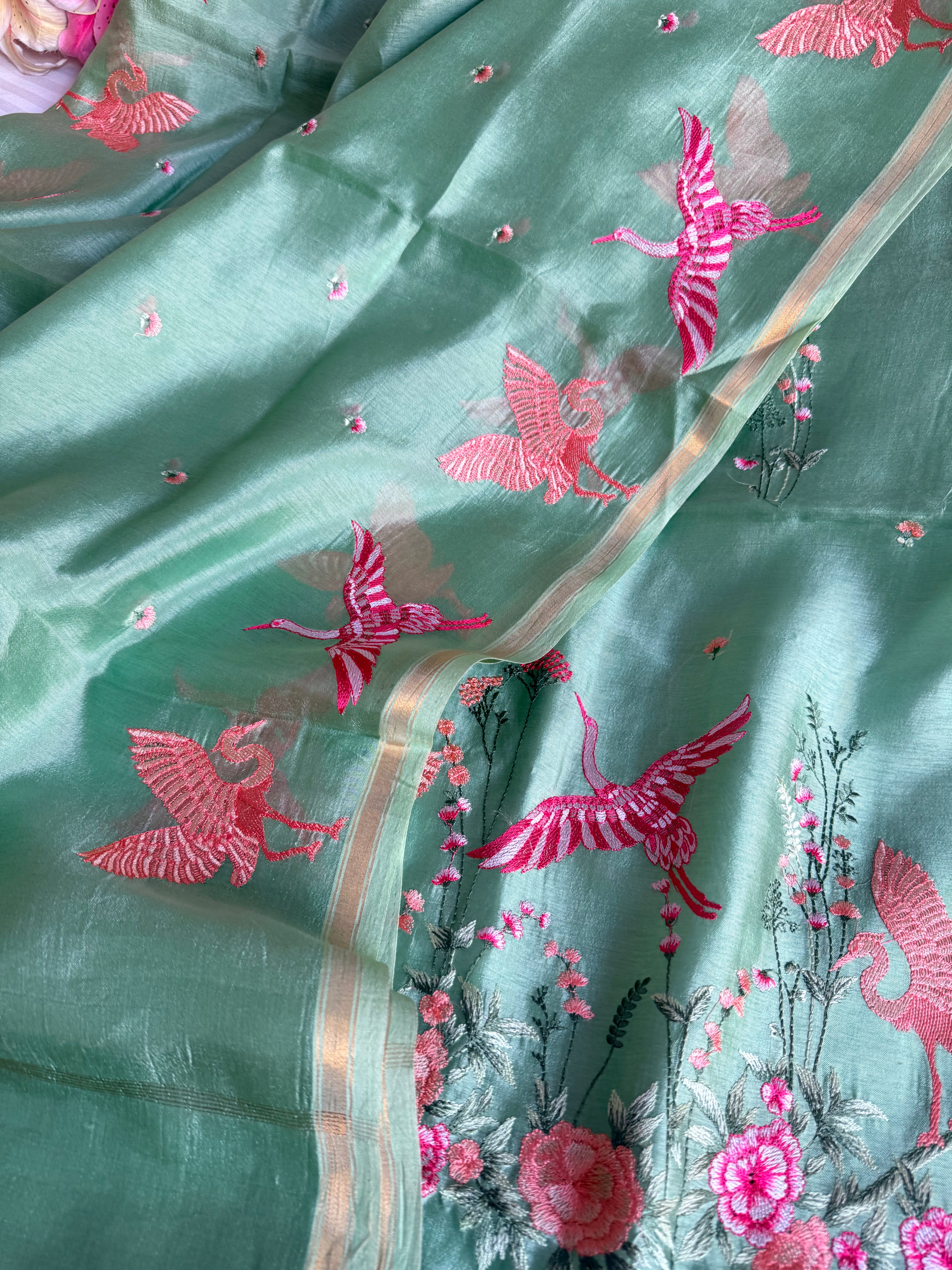 Suits under 10k - Spun chiniya silk parsi gara hand embroidered suit set
