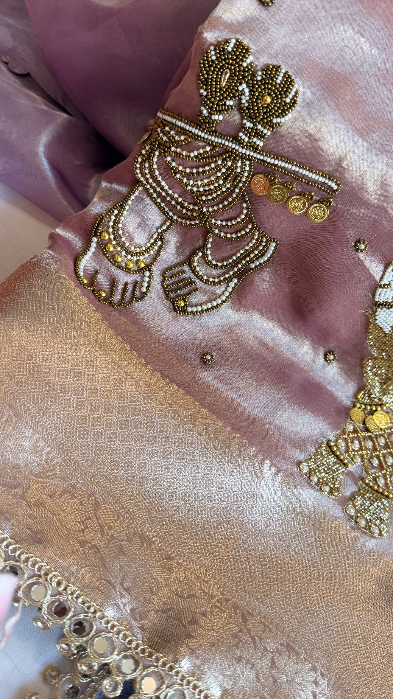 Gulabi jadau edit - Soft pink tissue silk jadau work hand embroidered saree