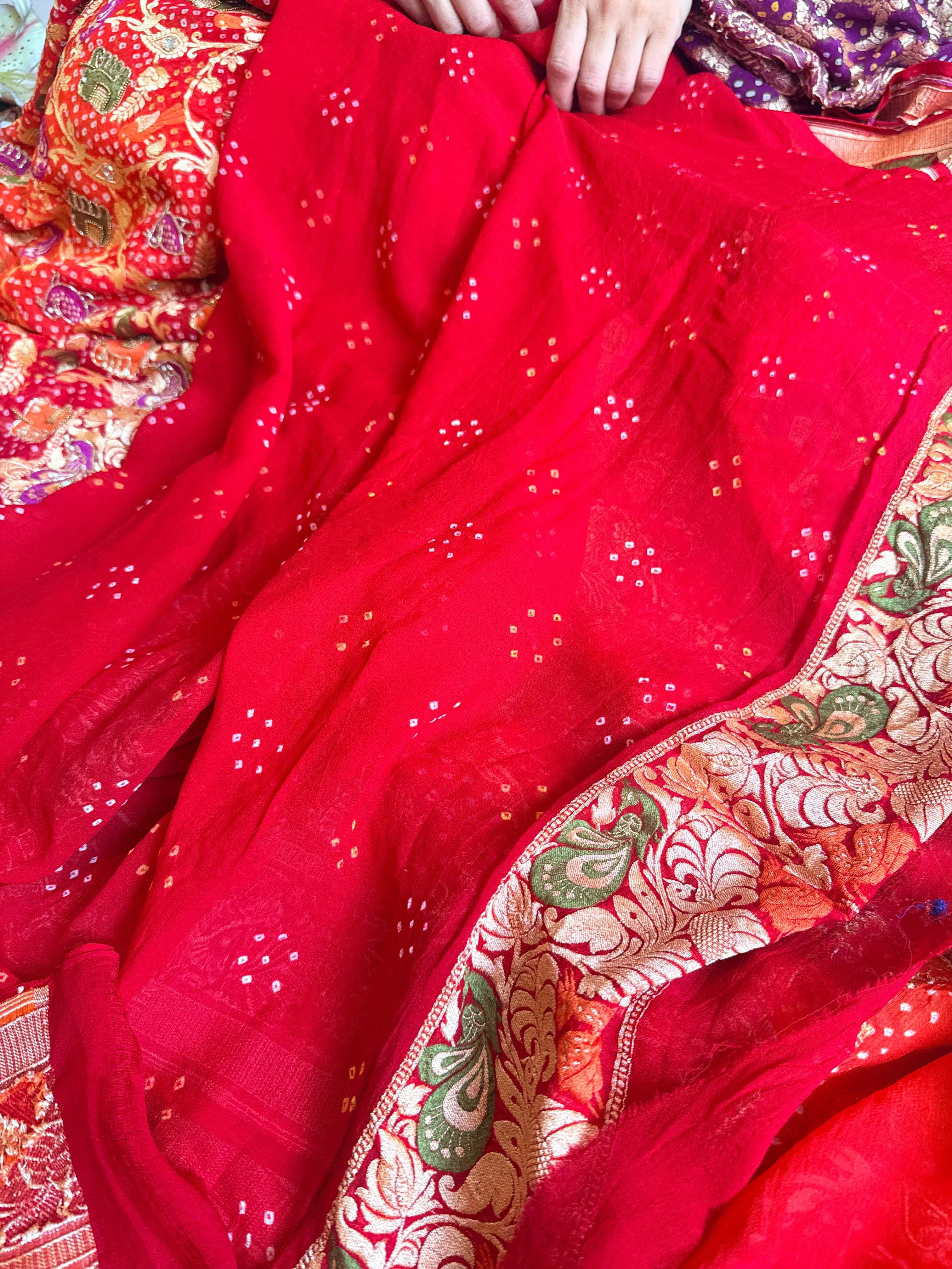 Banarasi chiffon gorgette rai bandhej kadhwa weaving hand embroidered saree
